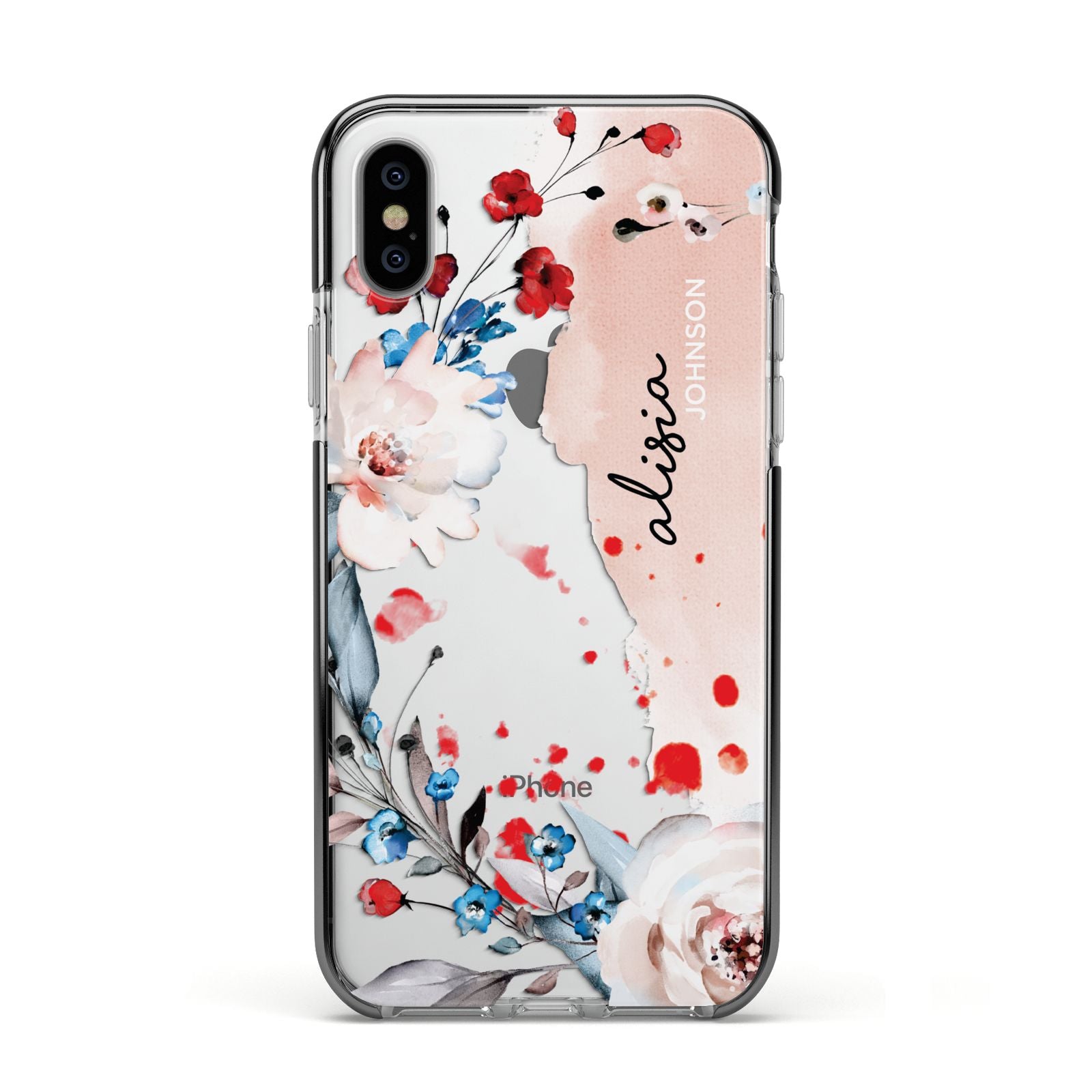 Custom Name Floral Bouquet Apple iPhone Xs Impact Case Black Edge on Silver Phone