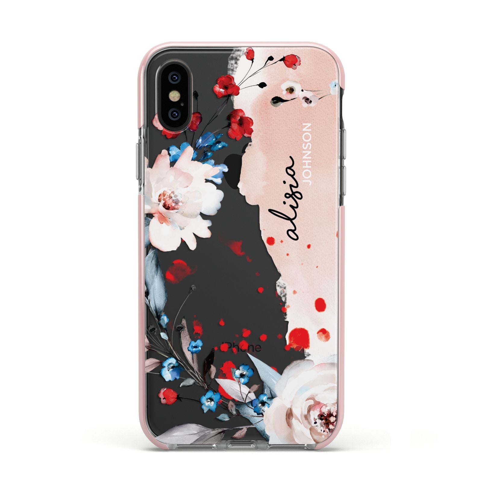 Custom Name Floral Bouquet Apple iPhone Xs Impact Case Pink Edge on Black Phone