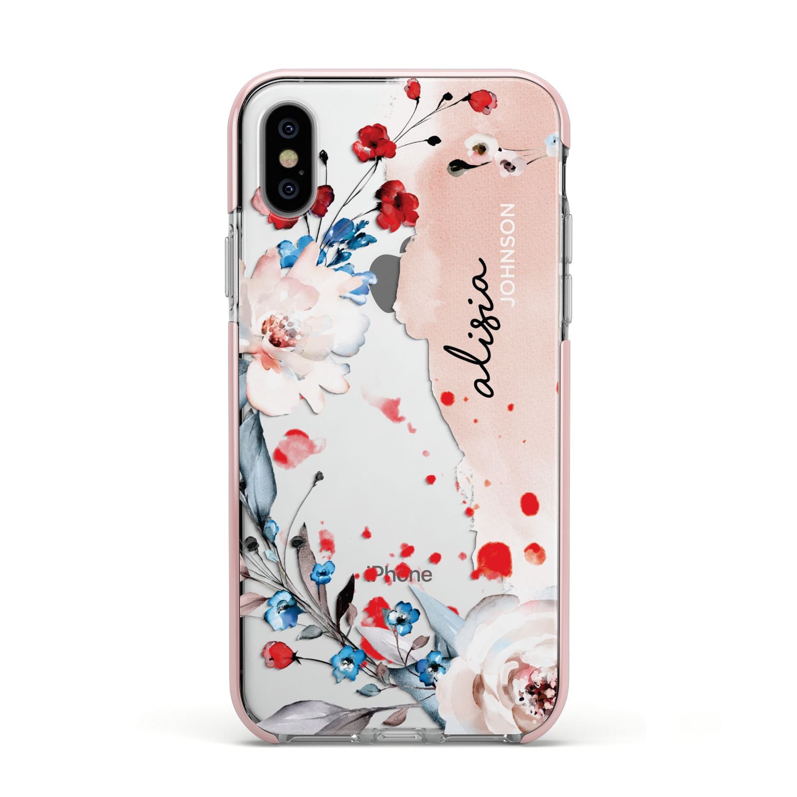 Custom Name Floral Bouquet Apple iPhone Xs Impact Case Pink Edge on Silver Phone