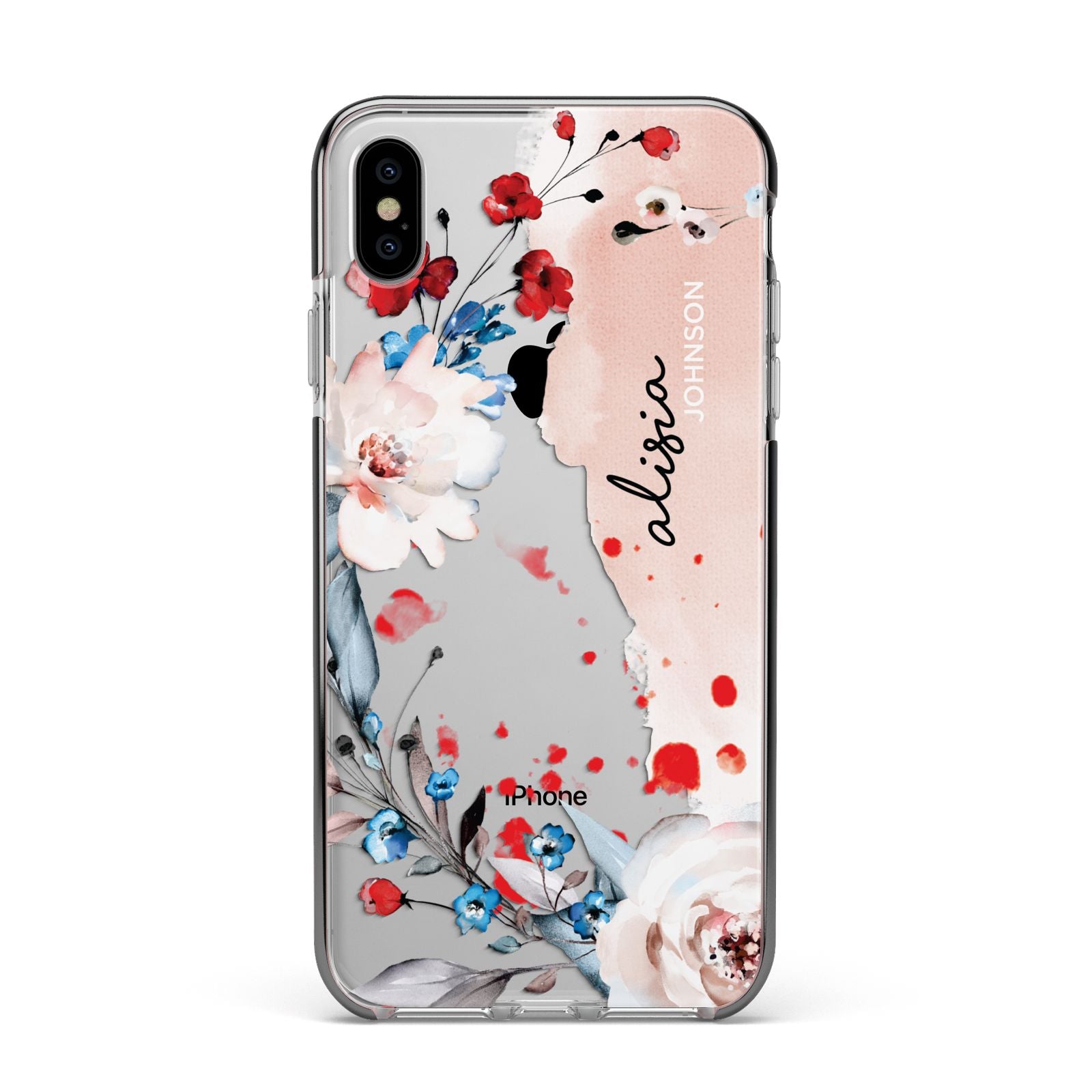 Custom Name Floral Bouquet Apple iPhone Xs Max Impact Case Black Edge on Silver Phone