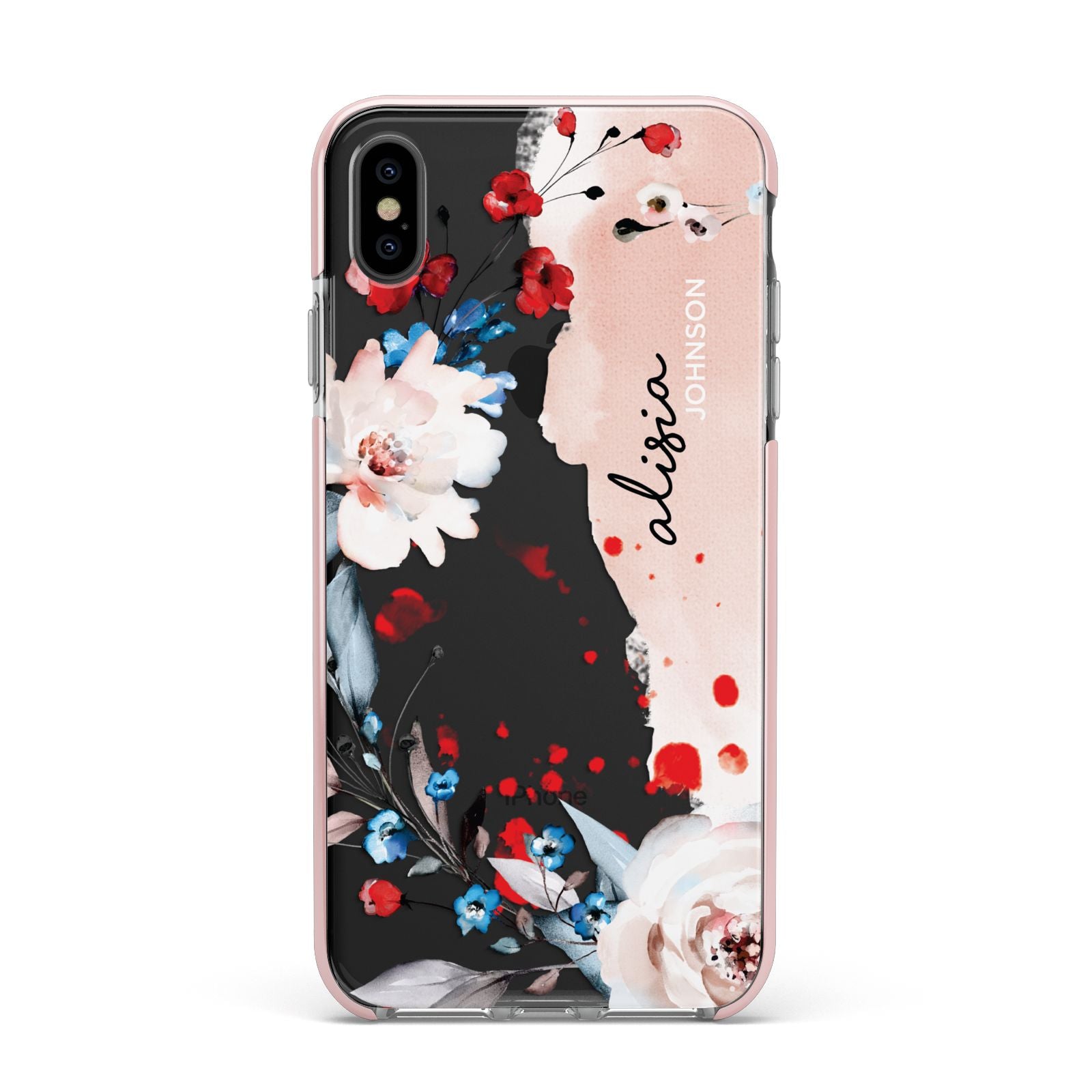 Custom Name Floral Bouquet Apple iPhone Xs Max Impact Case Pink Edge on Black Phone