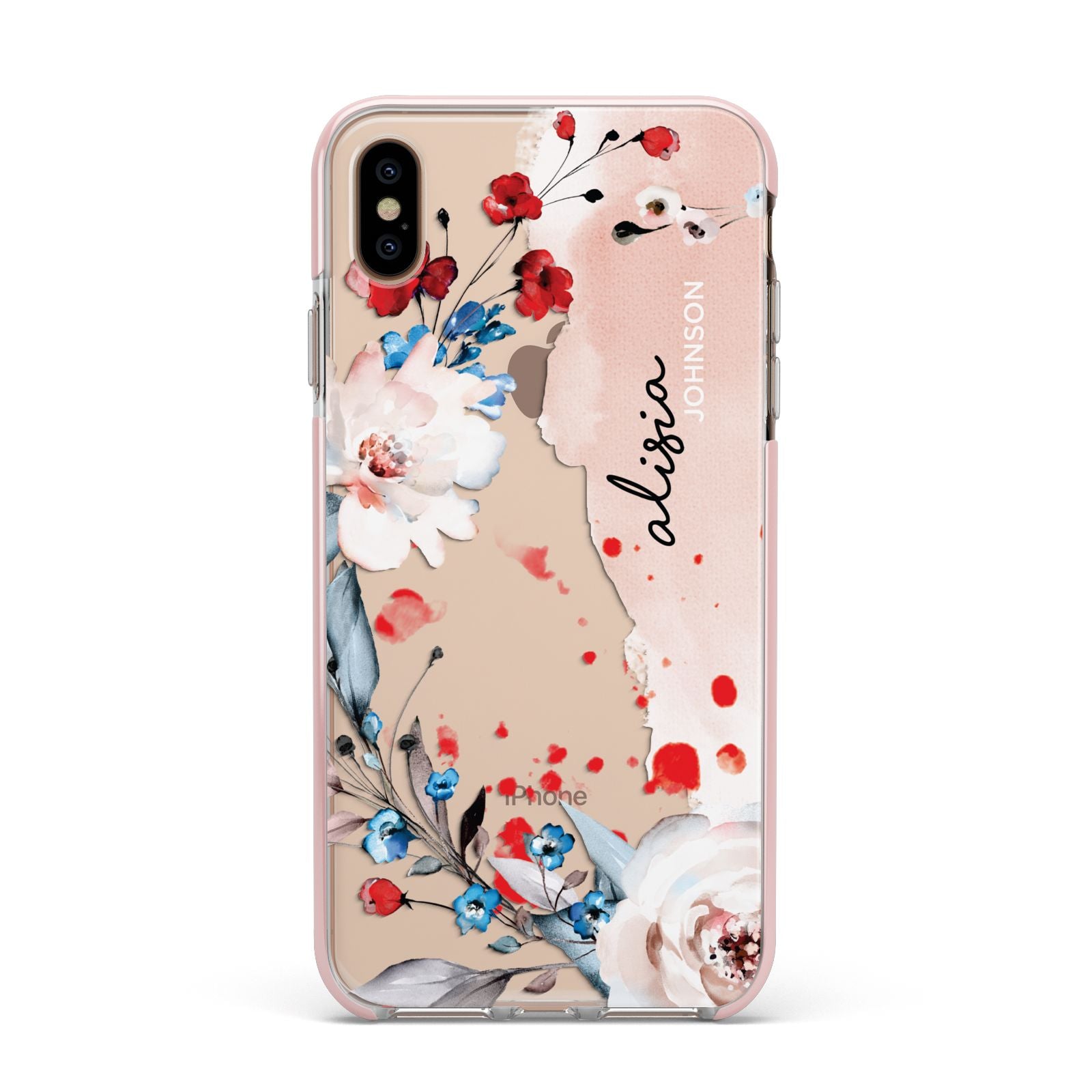 Custom Name Floral Bouquet Apple iPhone Xs Max Impact Case Pink Edge on Gold Phone