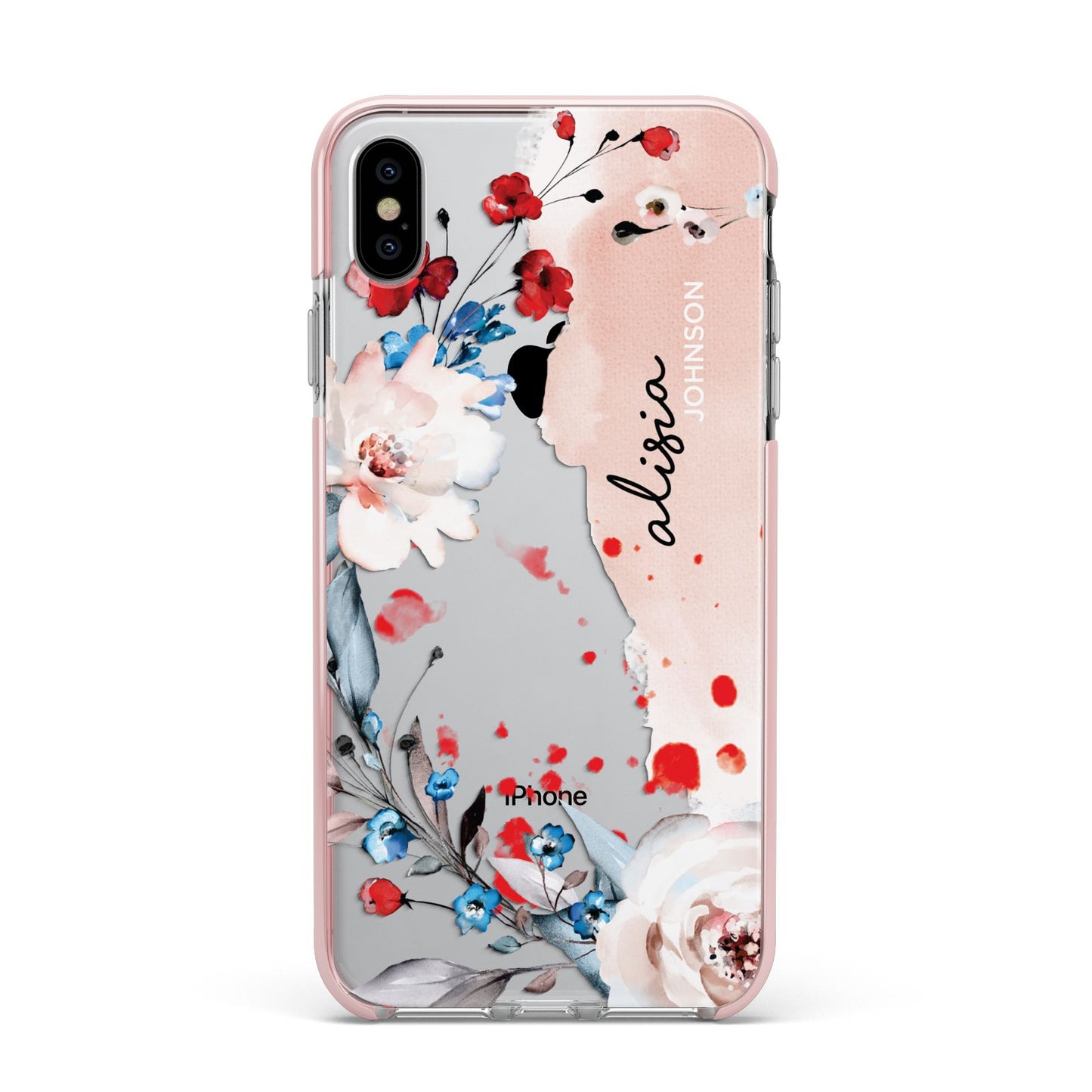 Custom Name Floral Bouquet Apple iPhone Xs Max Impact Case Pink Edge on Silver Phone
