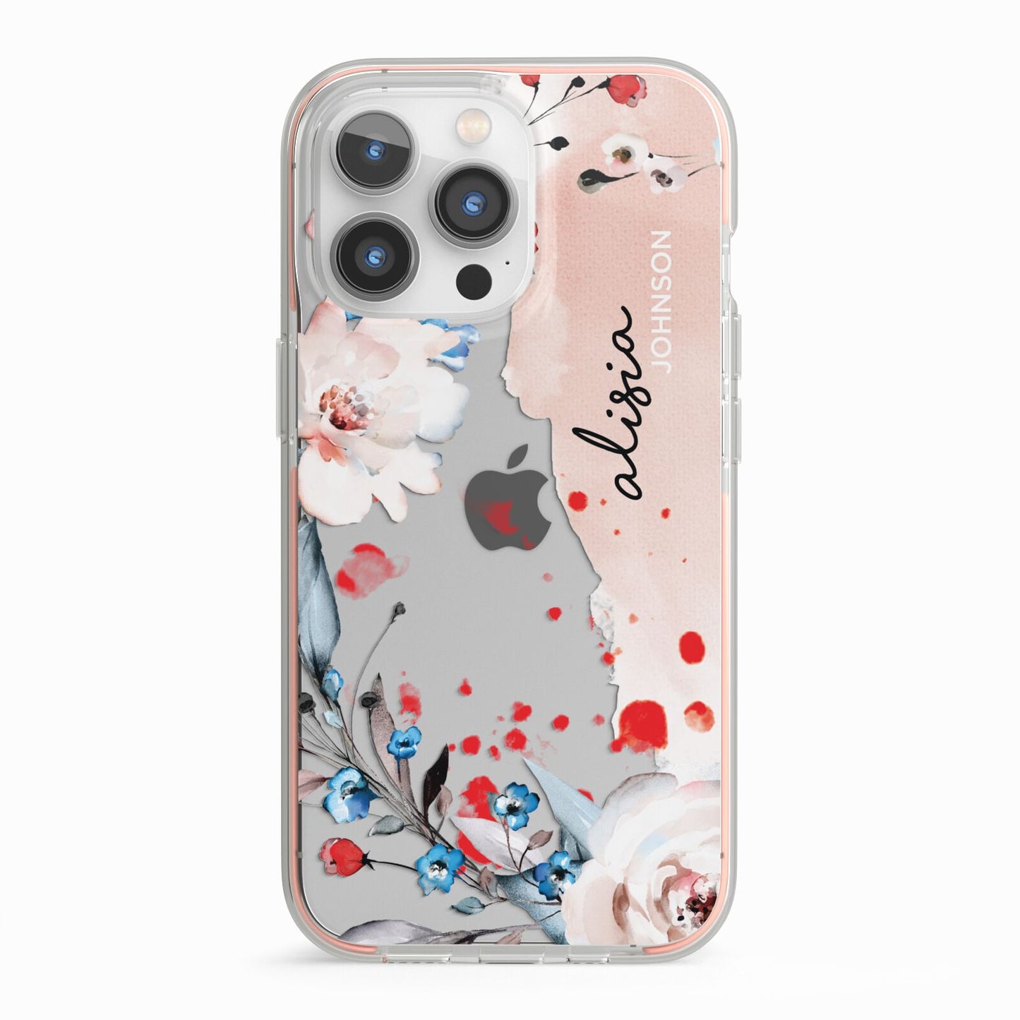 Custom Name Floral Bouquet iPhone 13 Pro TPU Impact Case with Pink Edges
