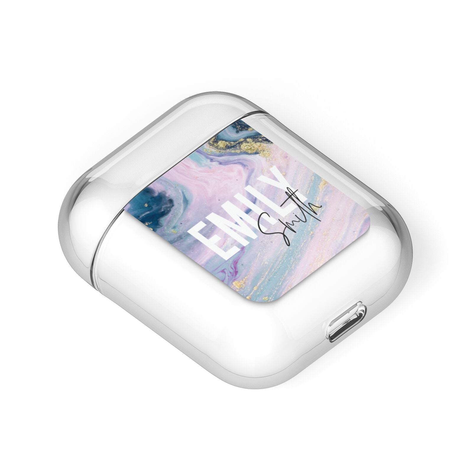 Custom Name Purple Gold Glitter Marble AirPods Case Laid Flat