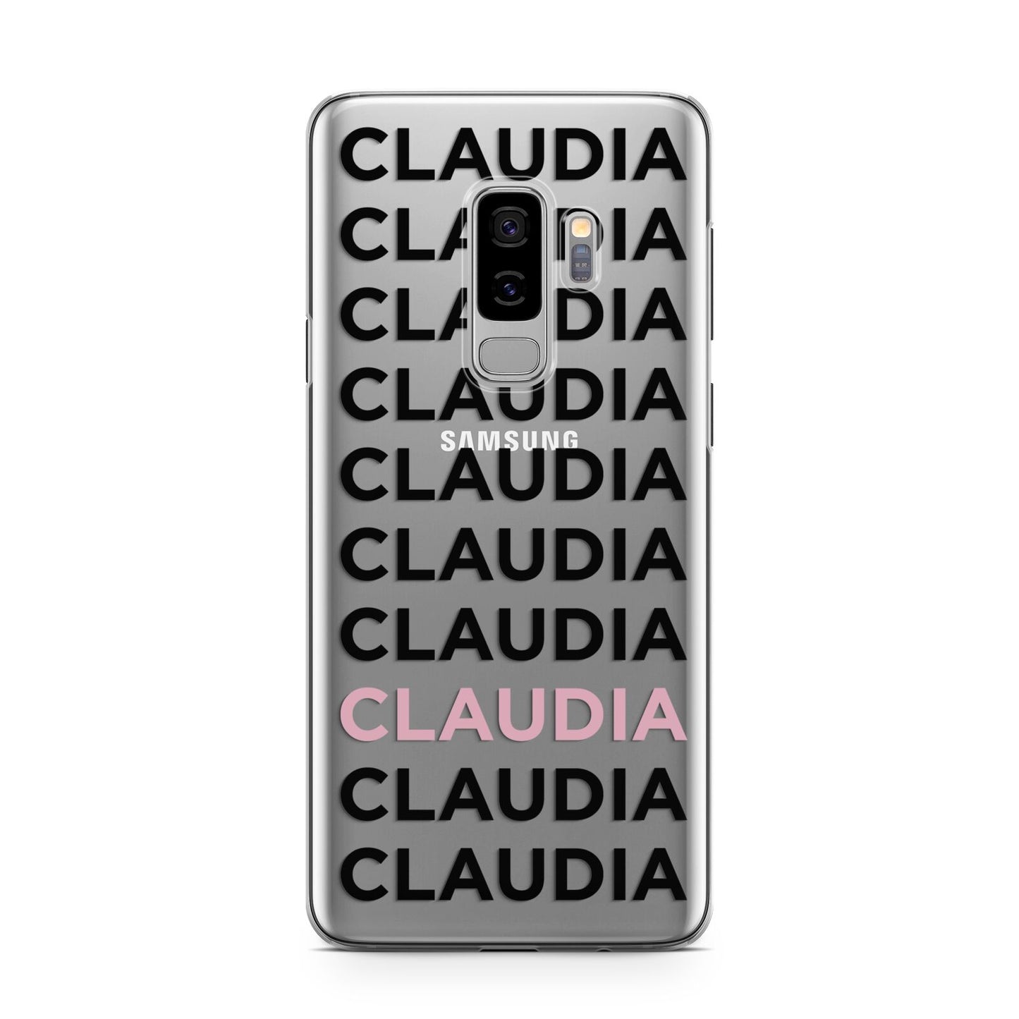 Custom Name Repeat Samsung Galaxy S9 Plus Case on Silver phone