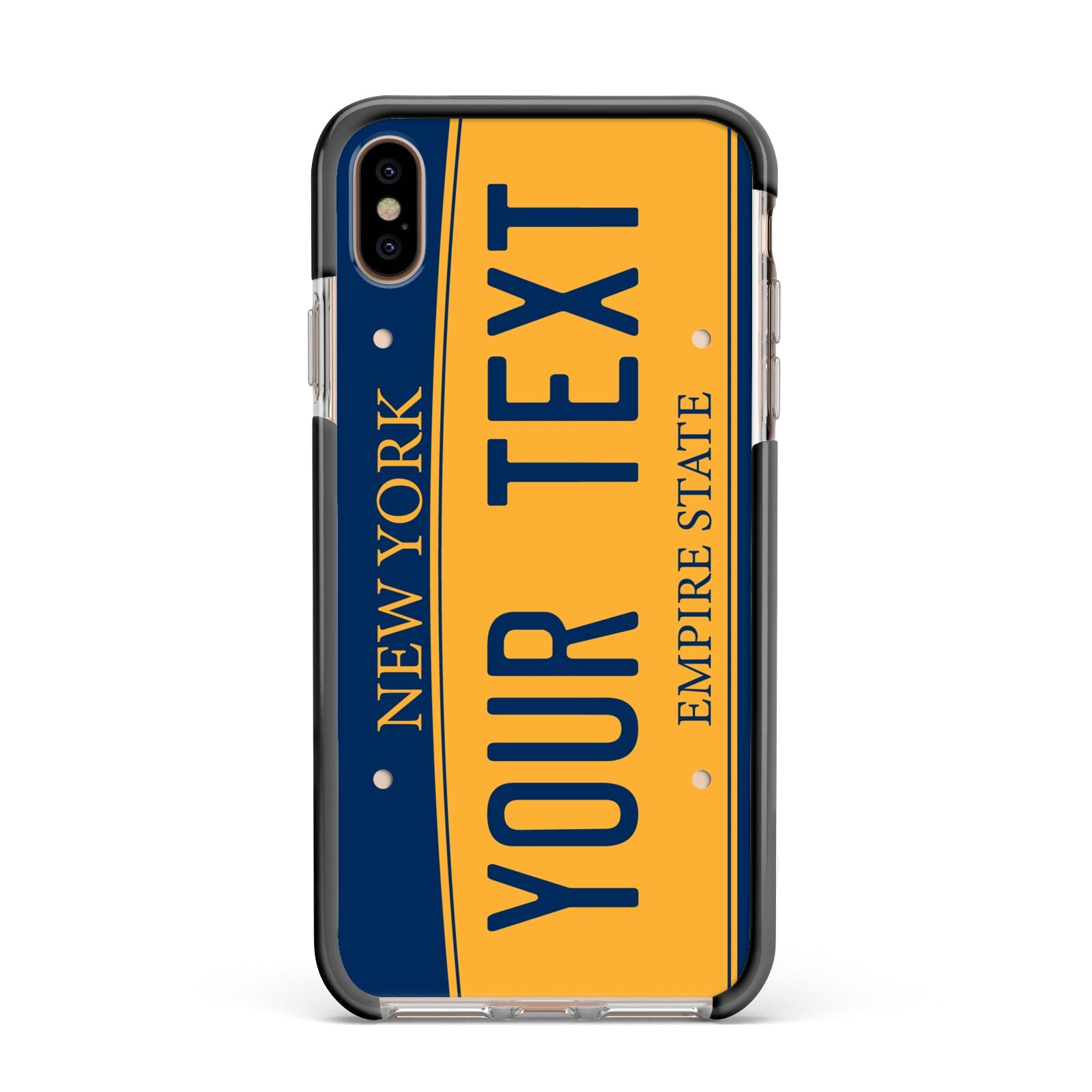 Custom New York License Plate Apple iPhone Xs Max Impact Case Black Edge on Gold Phone