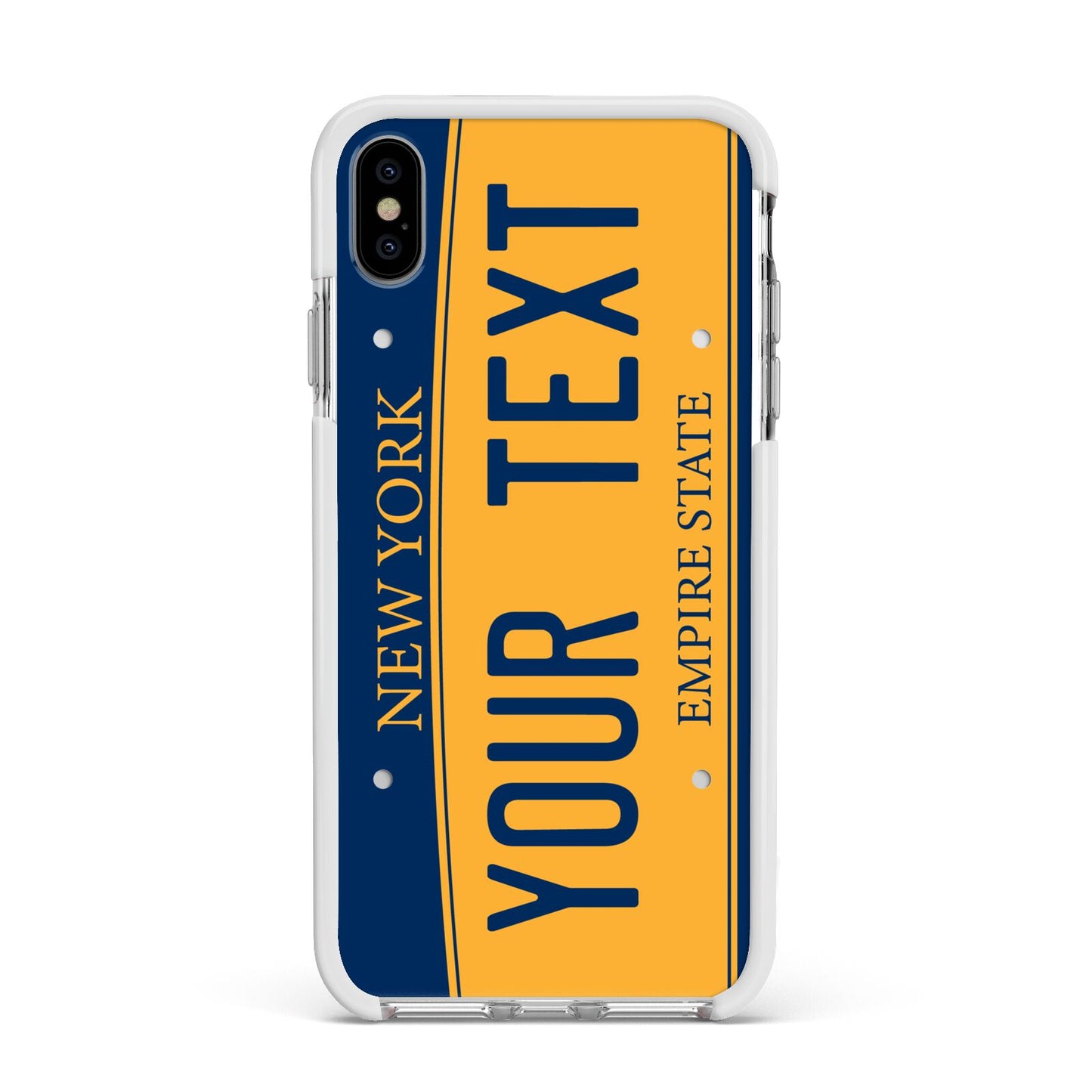 Custom New York License Plate Apple iPhone Xs Max Impact Case White Edge on Silver Phone