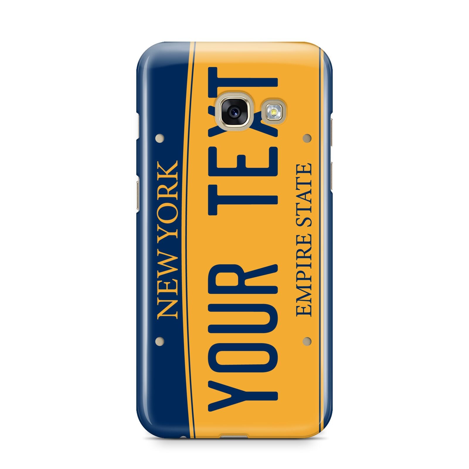 Custom New York License Plate Samsung Galaxy A3 2017 Case on gold phone