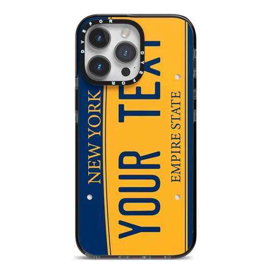 Custom New York License Plate iPhone 14 Pro Max Black Impact Case on Silver phone