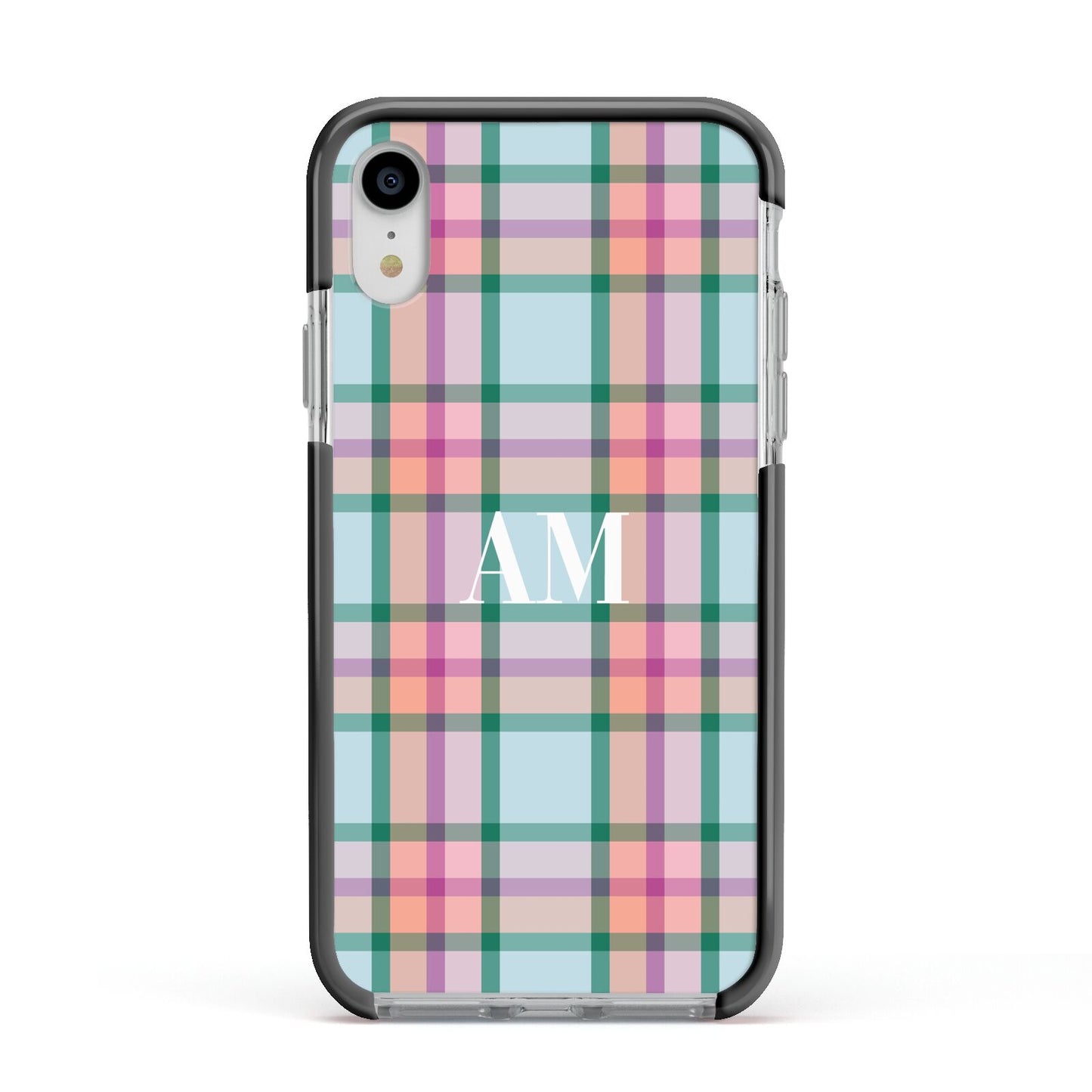 Custom Plaid Apple iPhone XR Impact Case Black Edge on Silver Phone