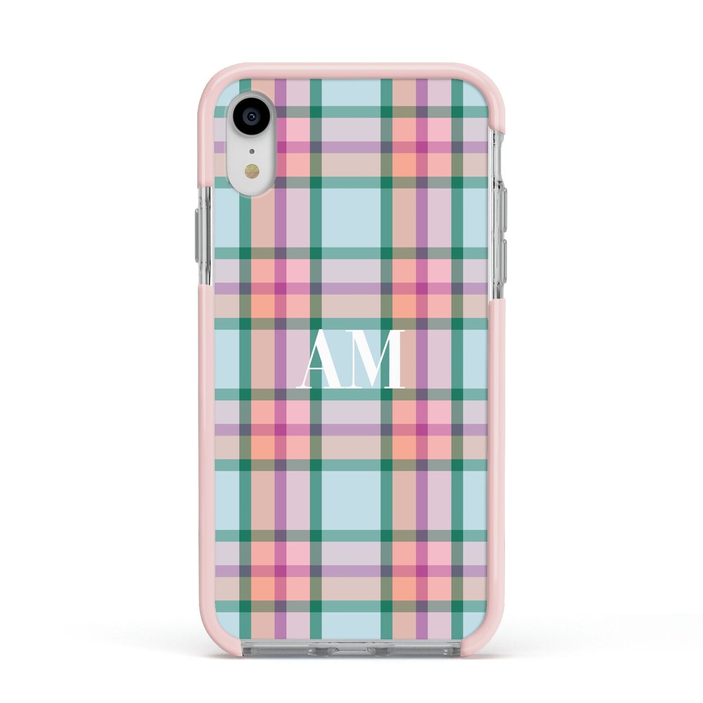 Custom Plaid Apple iPhone XR Impact Case Pink Edge on Silver Phone