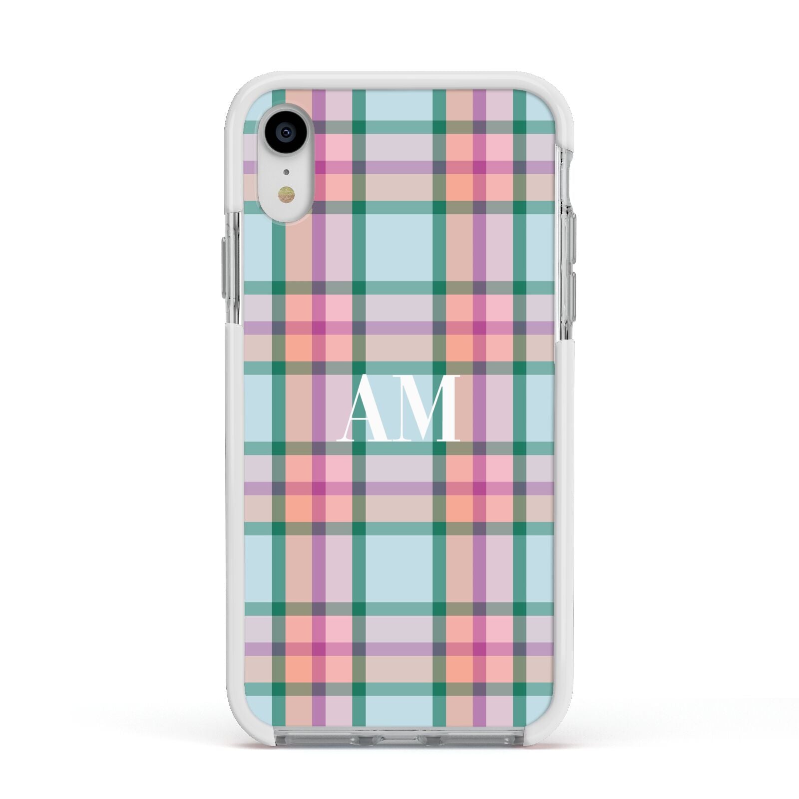 Custom Plaid Apple iPhone XR Impact Case White Edge on Silver Phone