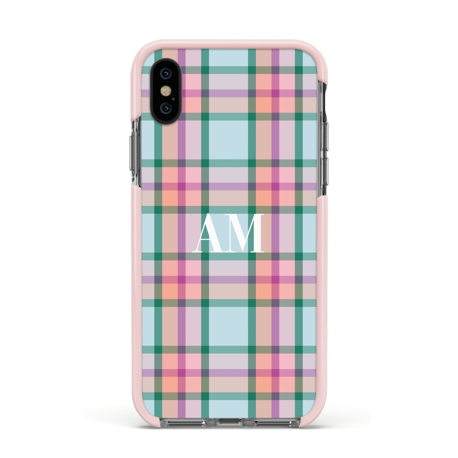 Custom Plaid Apple iPhone Xs Impact Case Pink Edge on Black Phone