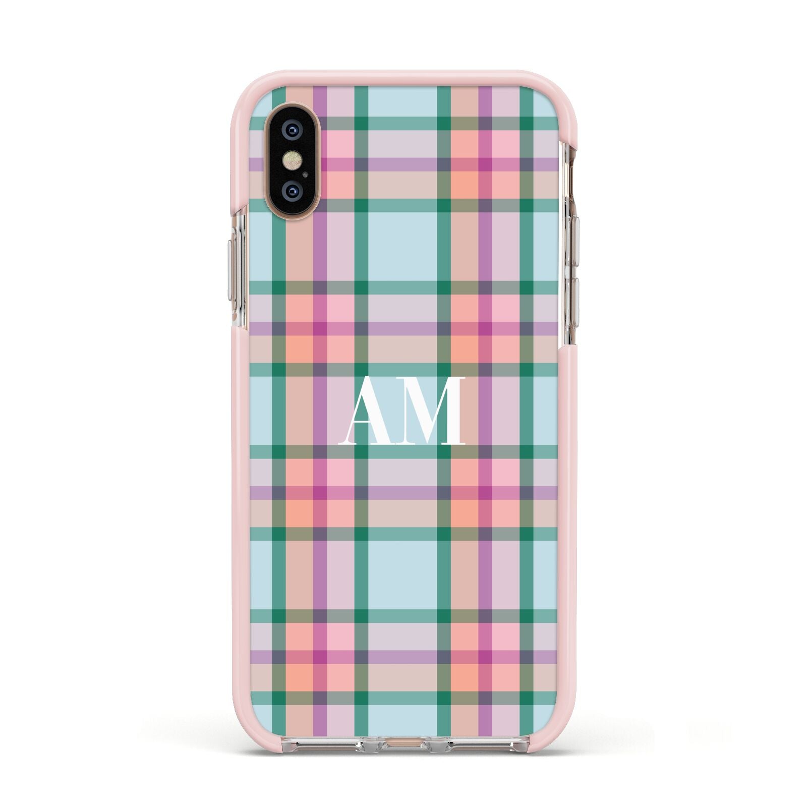 Custom Plaid Apple iPhone Xs Impact Case Pink Edge on Gold Phone