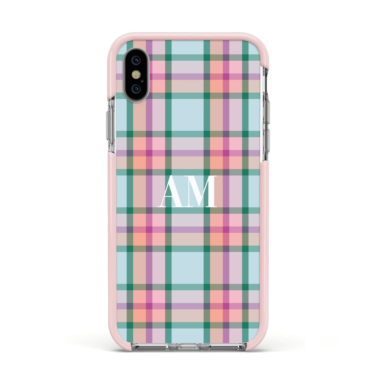 Custom Plaid Apple iPhone Xs Impact Case Pink Edge on Silver Phone