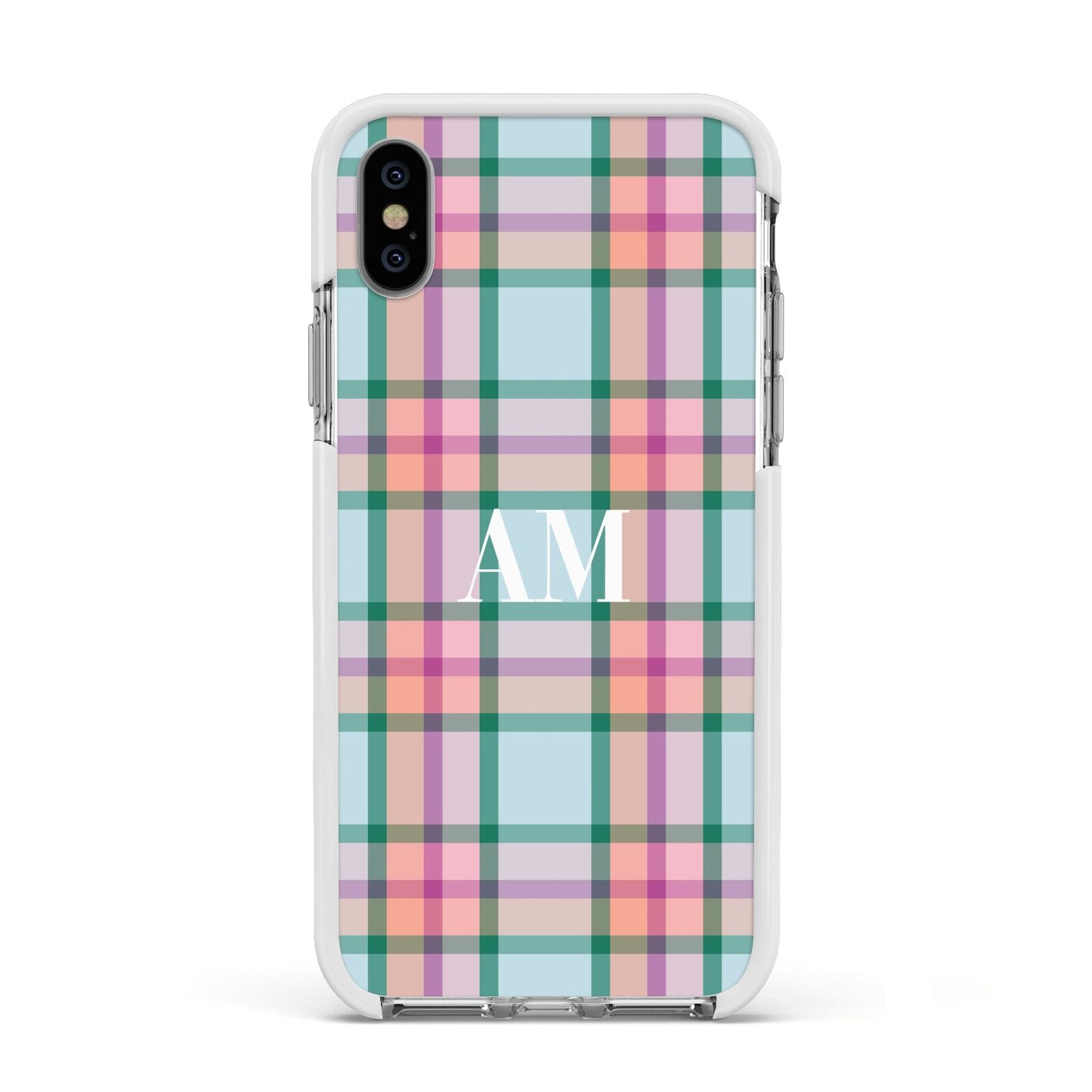 Custom Plaid Apple iPhone Xs Impact Case White Edge on Silver Phone