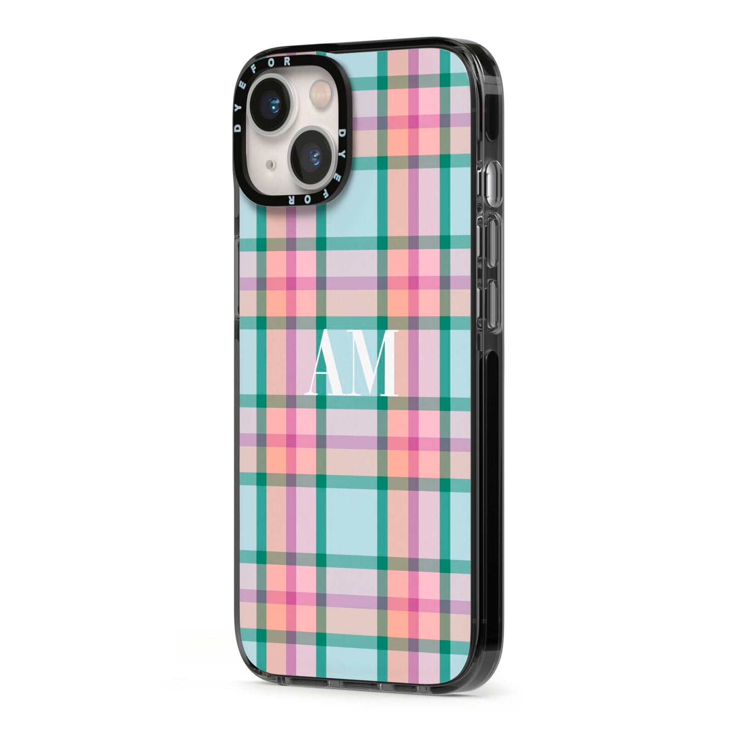 Custom Plaid iPhone 13 Black Impact Case Side Angle on Silver phone