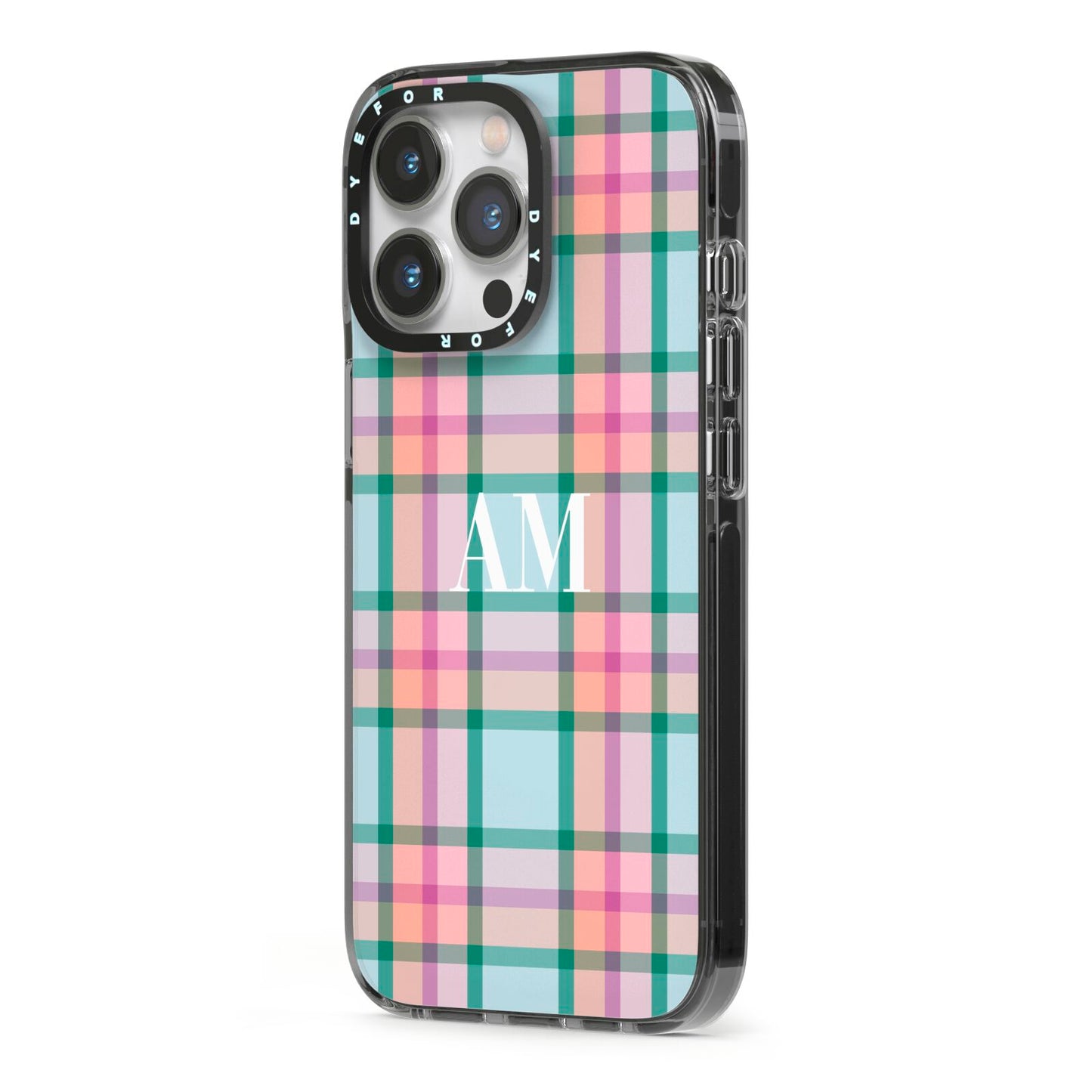 Custom Plaid iPhone 13 Pro Black Impact Case Side Angle on Silver phone