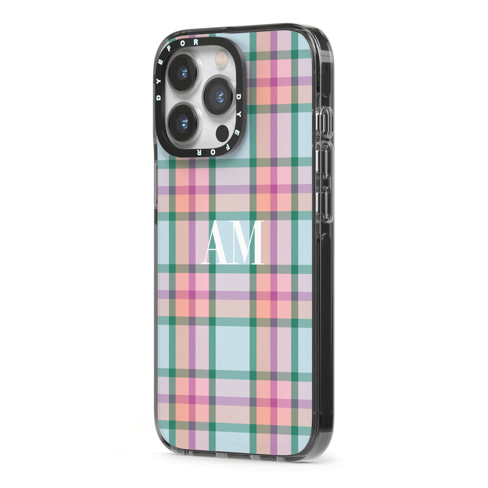 Custom Plaid iPhone 13 Pro Black Impact Case Side Angle on Silver phone