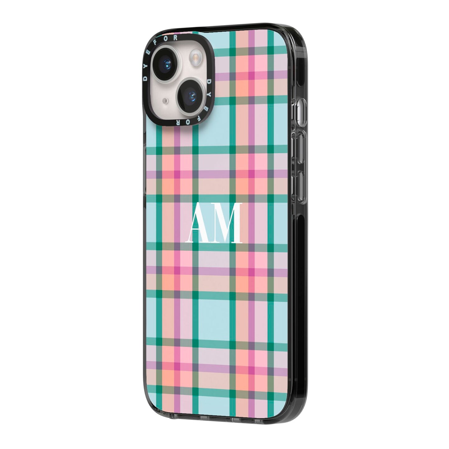 Custom Plaid iPhone 14 Black Impact Case Side Angle on Silver phone