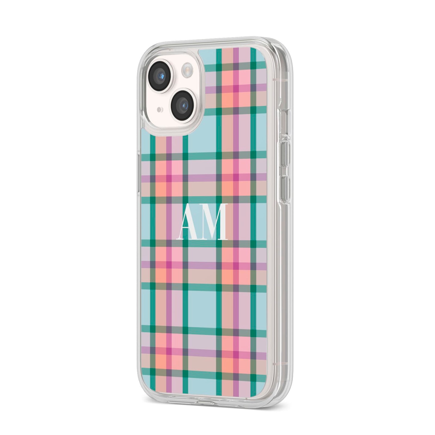 Custom Plaid iPhone 14 Clear Tough Case Starlight Angled Image