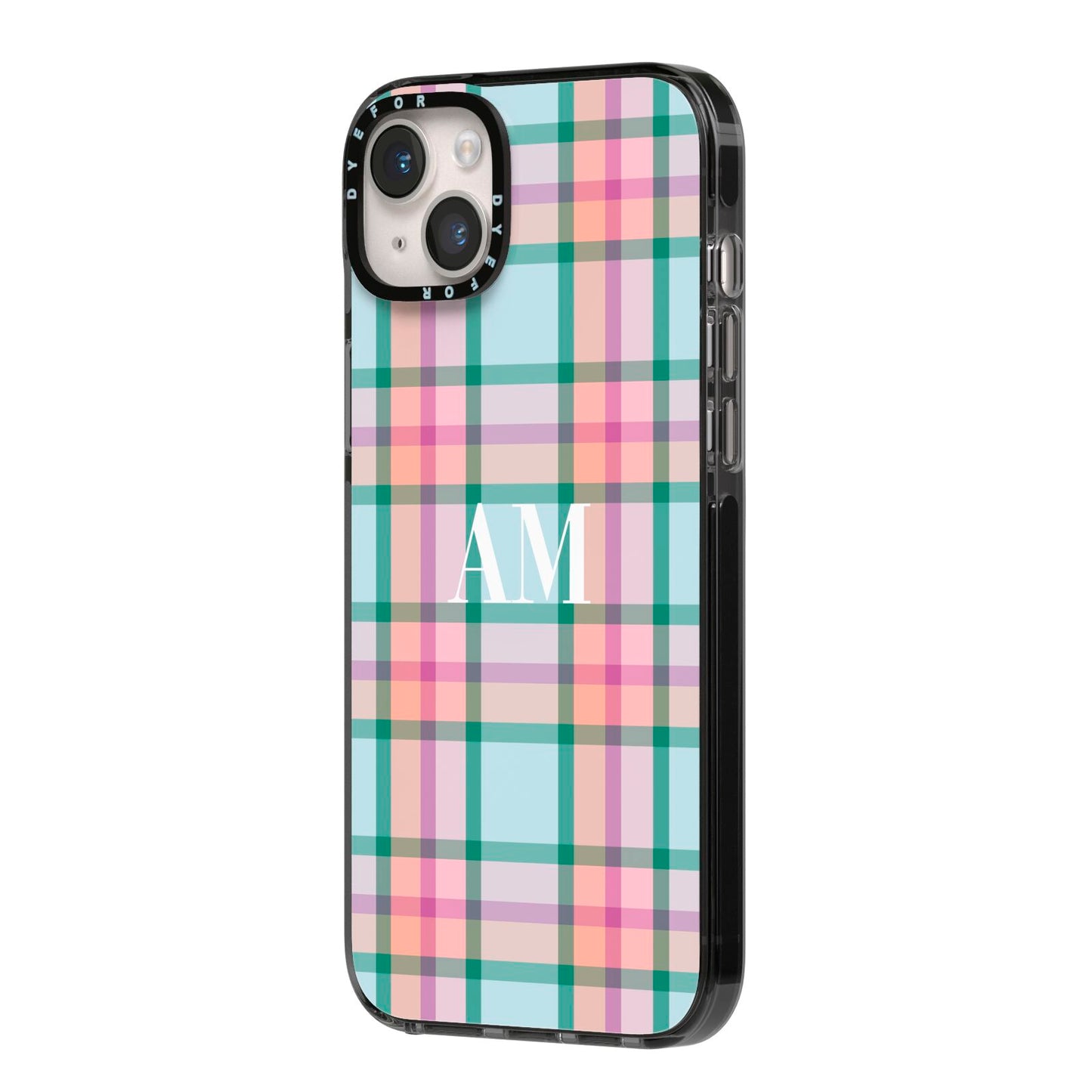 Custom Plaid iPhone 14 Plus Black Impact Case Side Angle on Silver phone