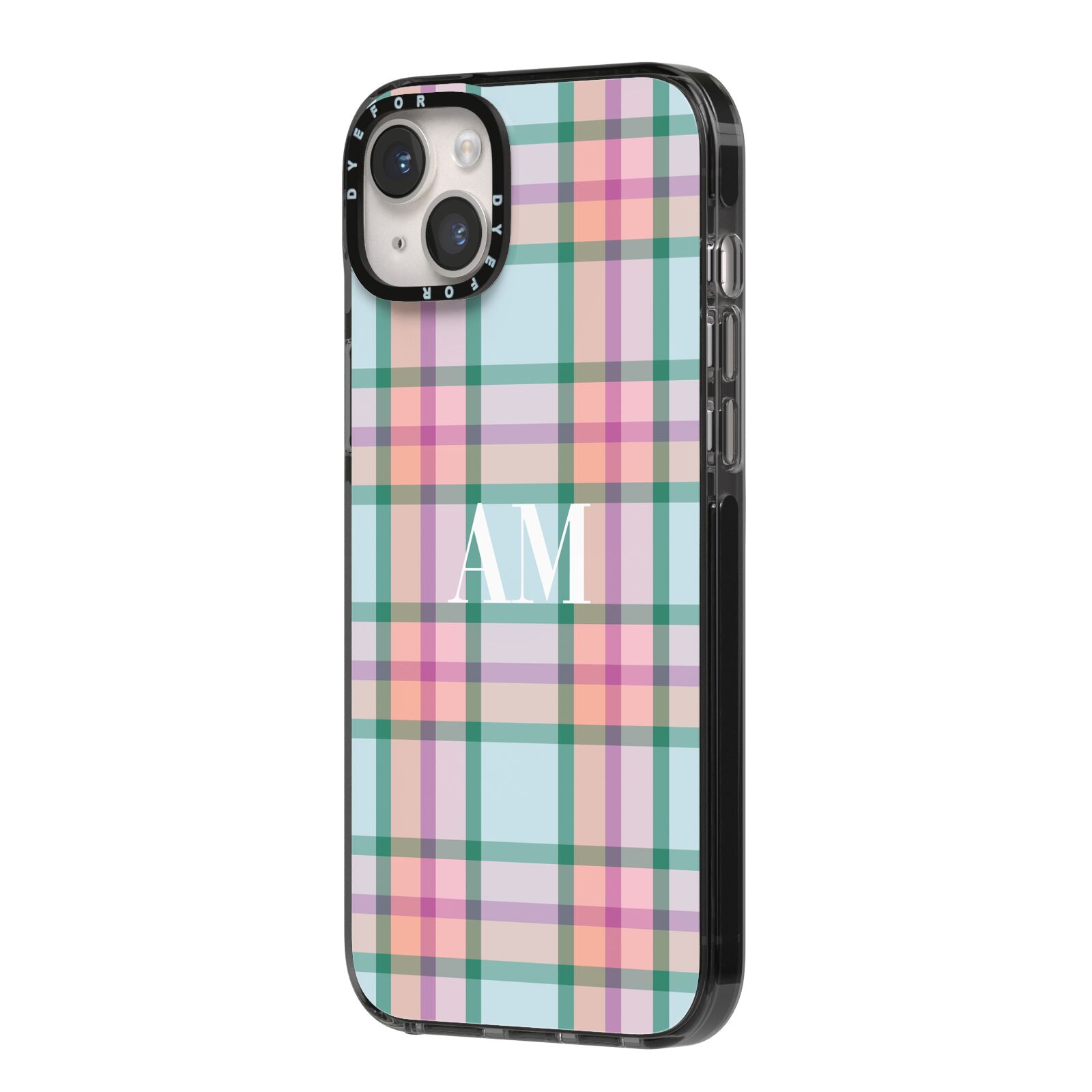 Custom Plaid iPhone 14 Plus Black Impact Case Side Angle on Silver phone