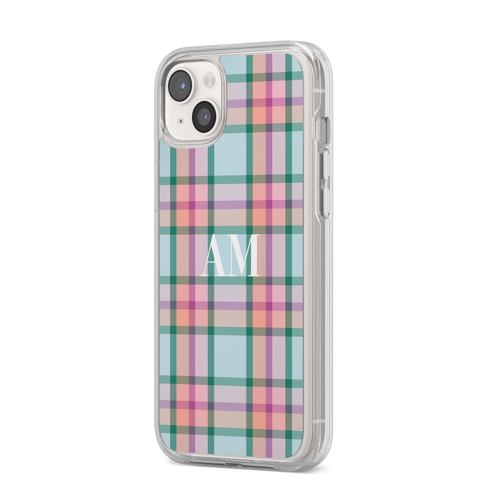 Custom Plaid iPhone 14 Plus Clear Tough Case Starlight Angled Image