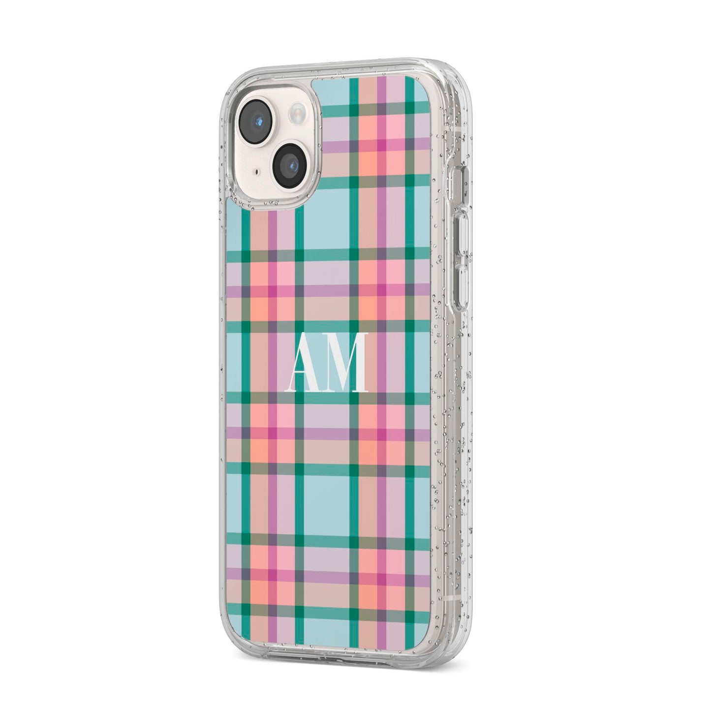 Custom Plaid iPhone 14 Plus Glitter Tough Case Starlight Angled Image