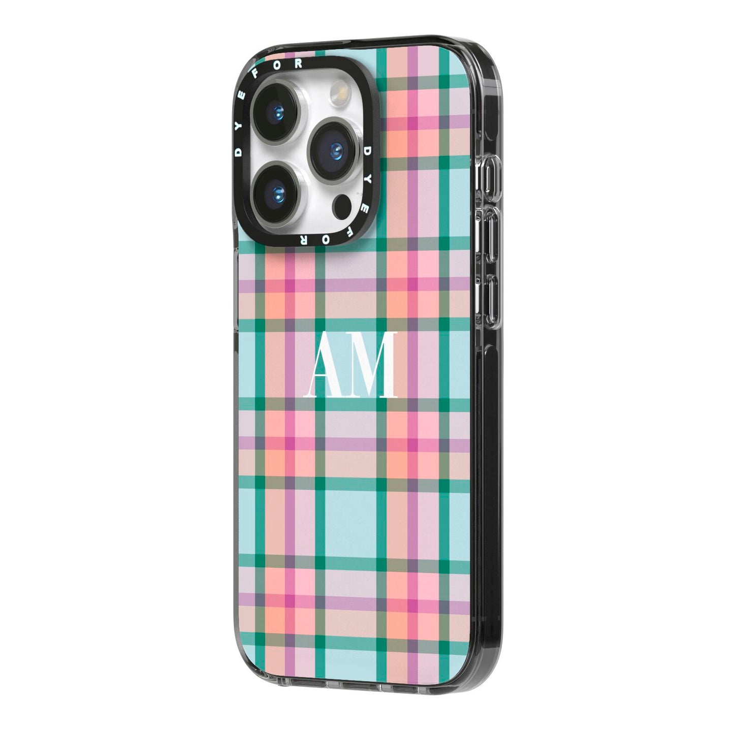 Custom Plaid iPhone 14 Pro Black Impact Case Side Angle on Silver phone