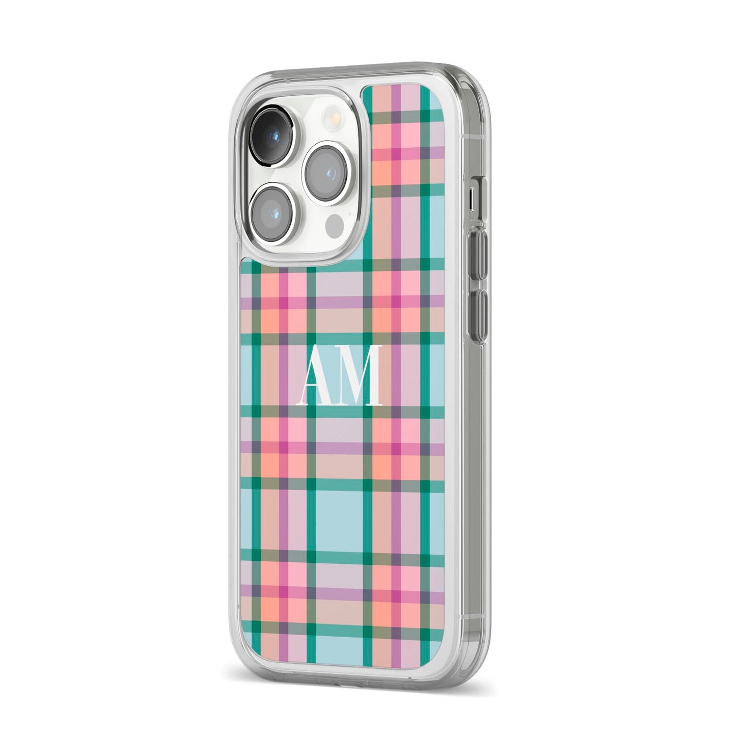 Custom Plaid iPhone 14 Pro Clear Tough Case Silver Angled Image