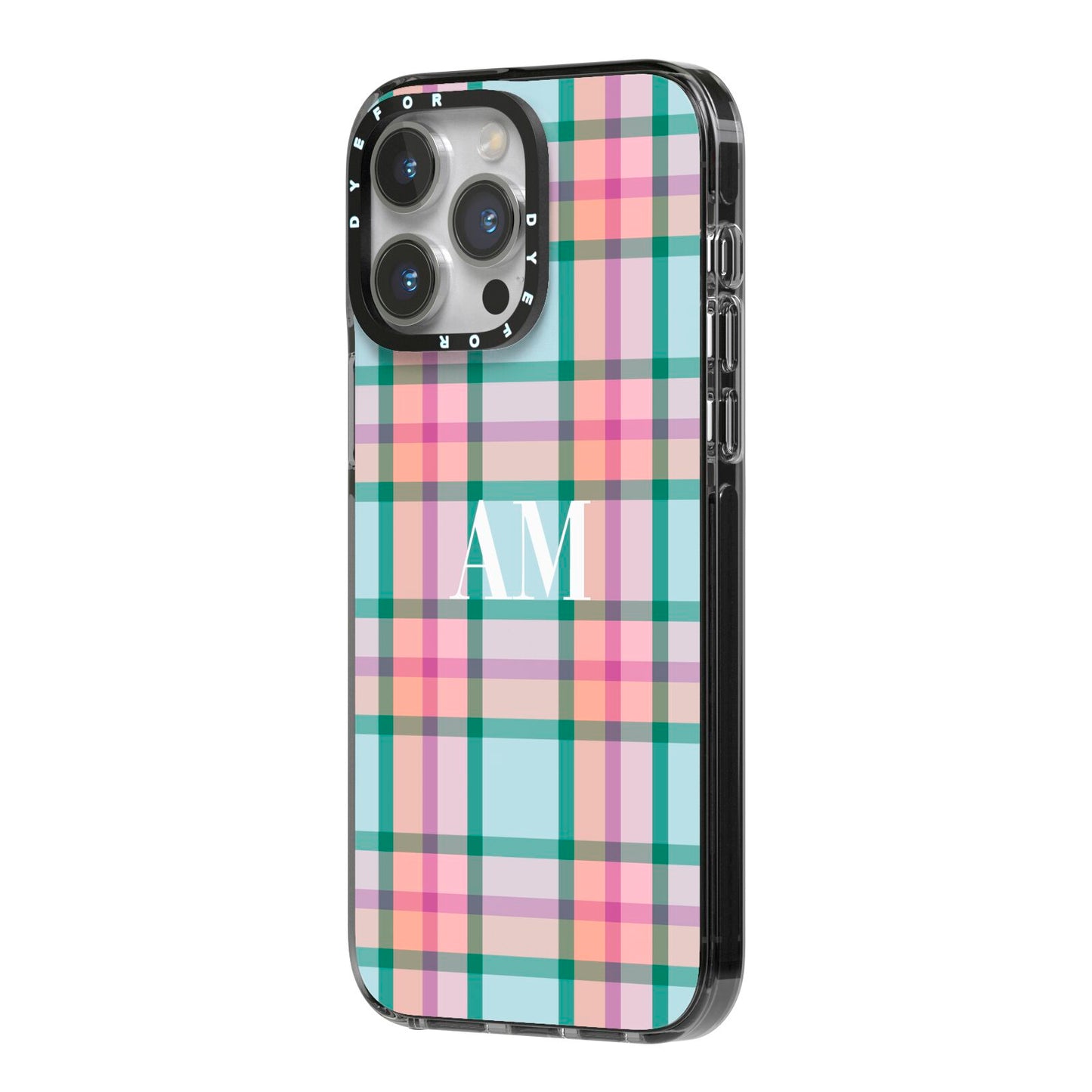 Custom Plaid iPhone 14 Pro Max Black Impact Case Side Angle on Silver phone