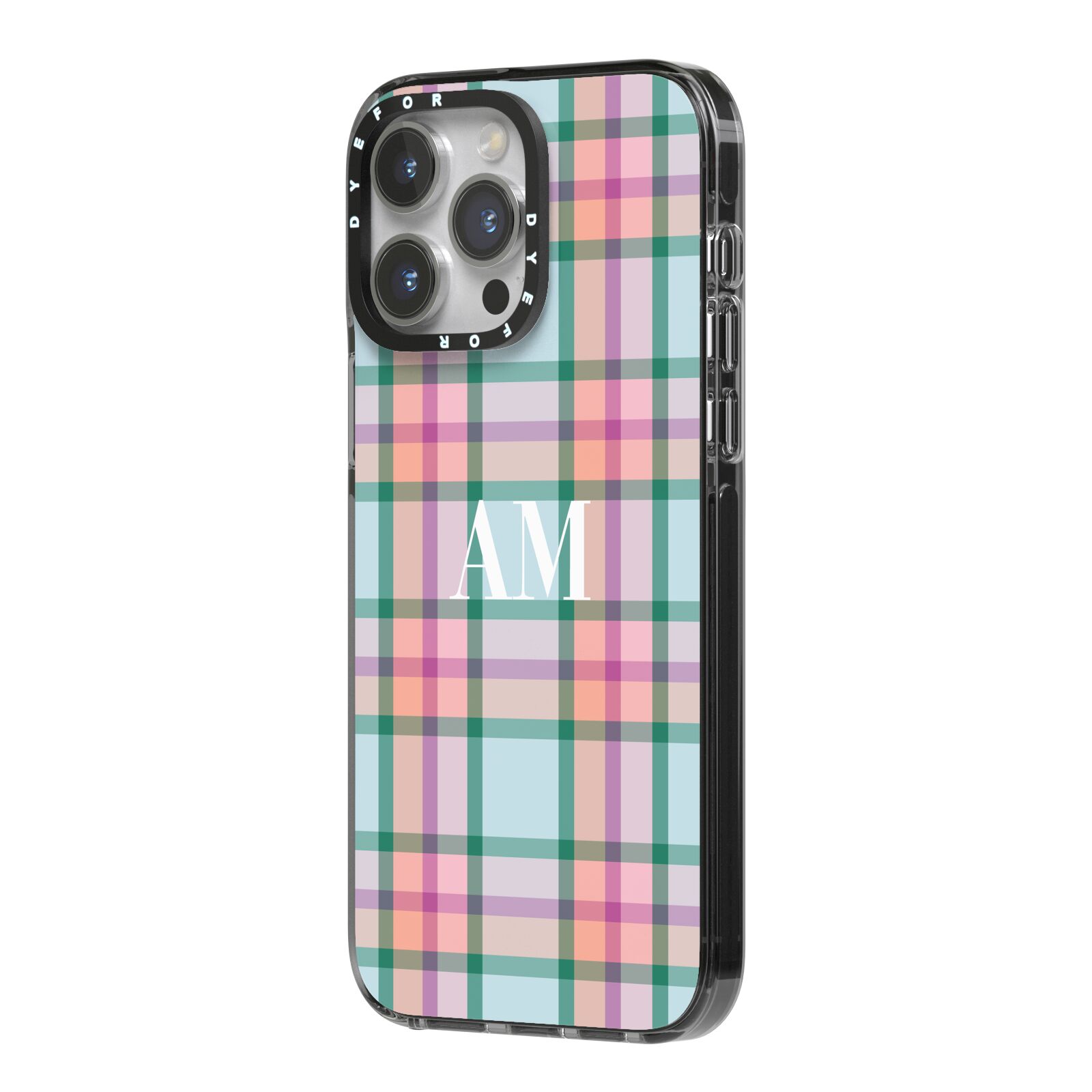 Custom Plaid iPhone 14 Pro Max Black Impact Case Side Angle on Silver phone