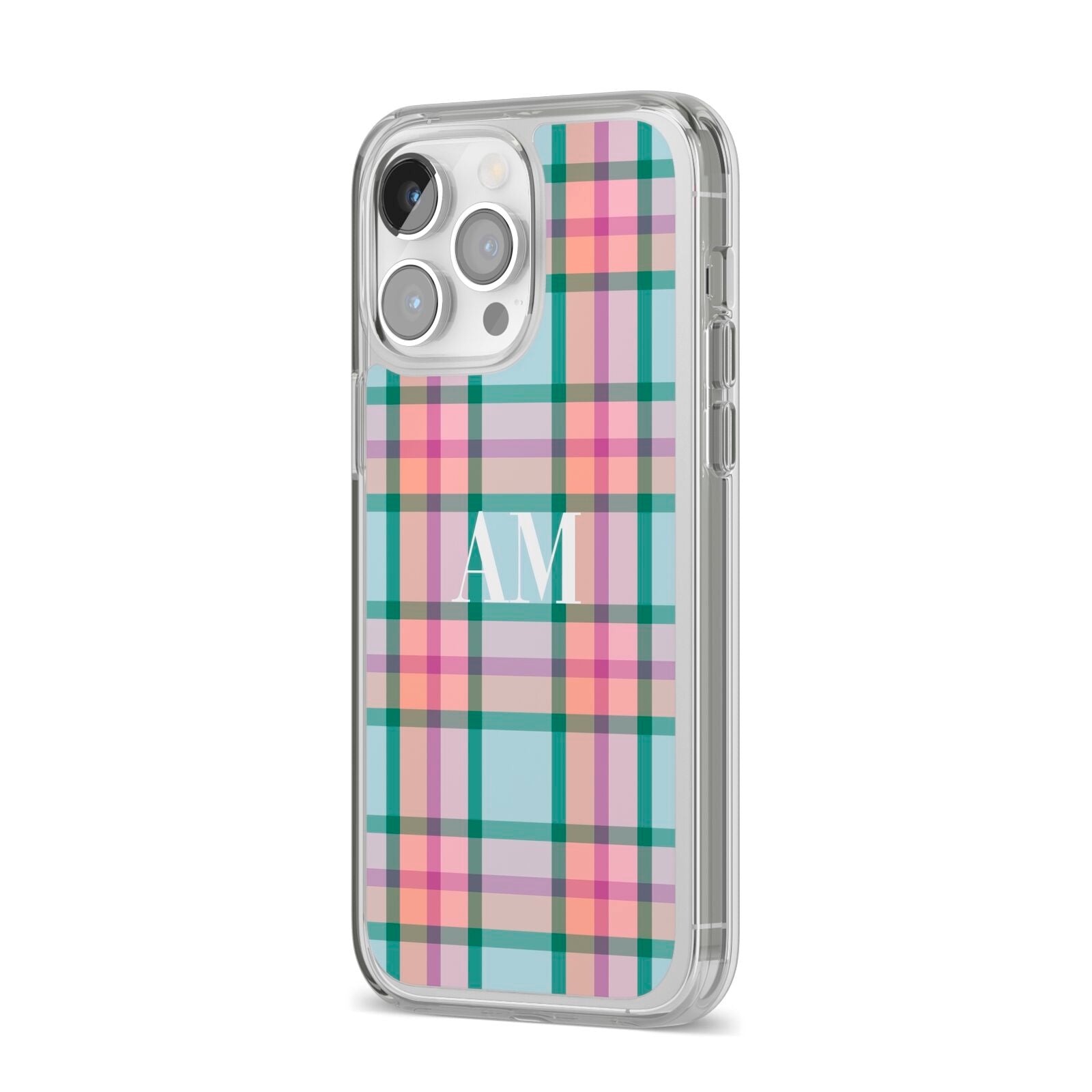 Custom Plaid iPhone 14 Pro Max Clear Tough Case Silver Angled Image