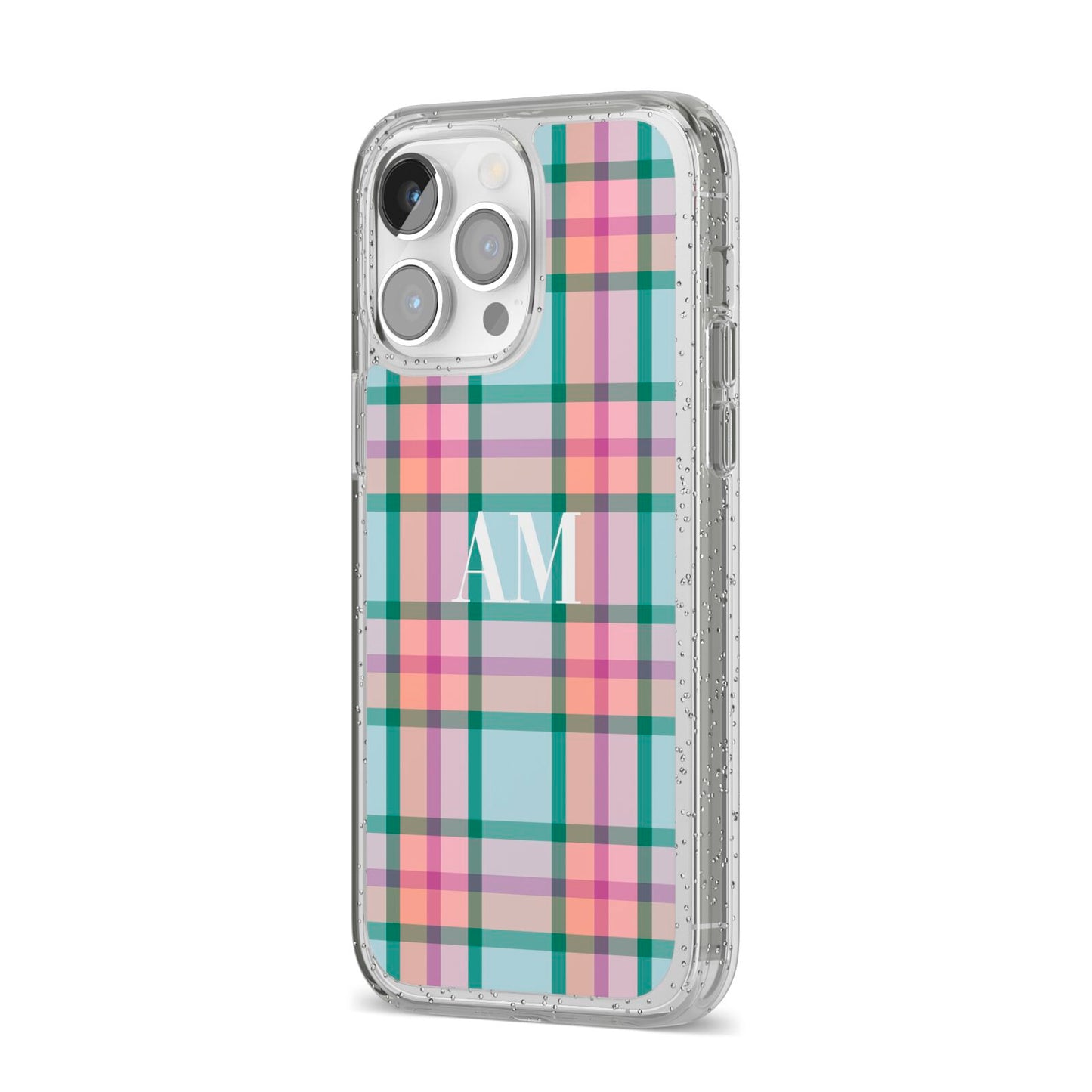 Custom Plaid iPhone 14 Pro Max Glitter Tough Case Silver Angled Image