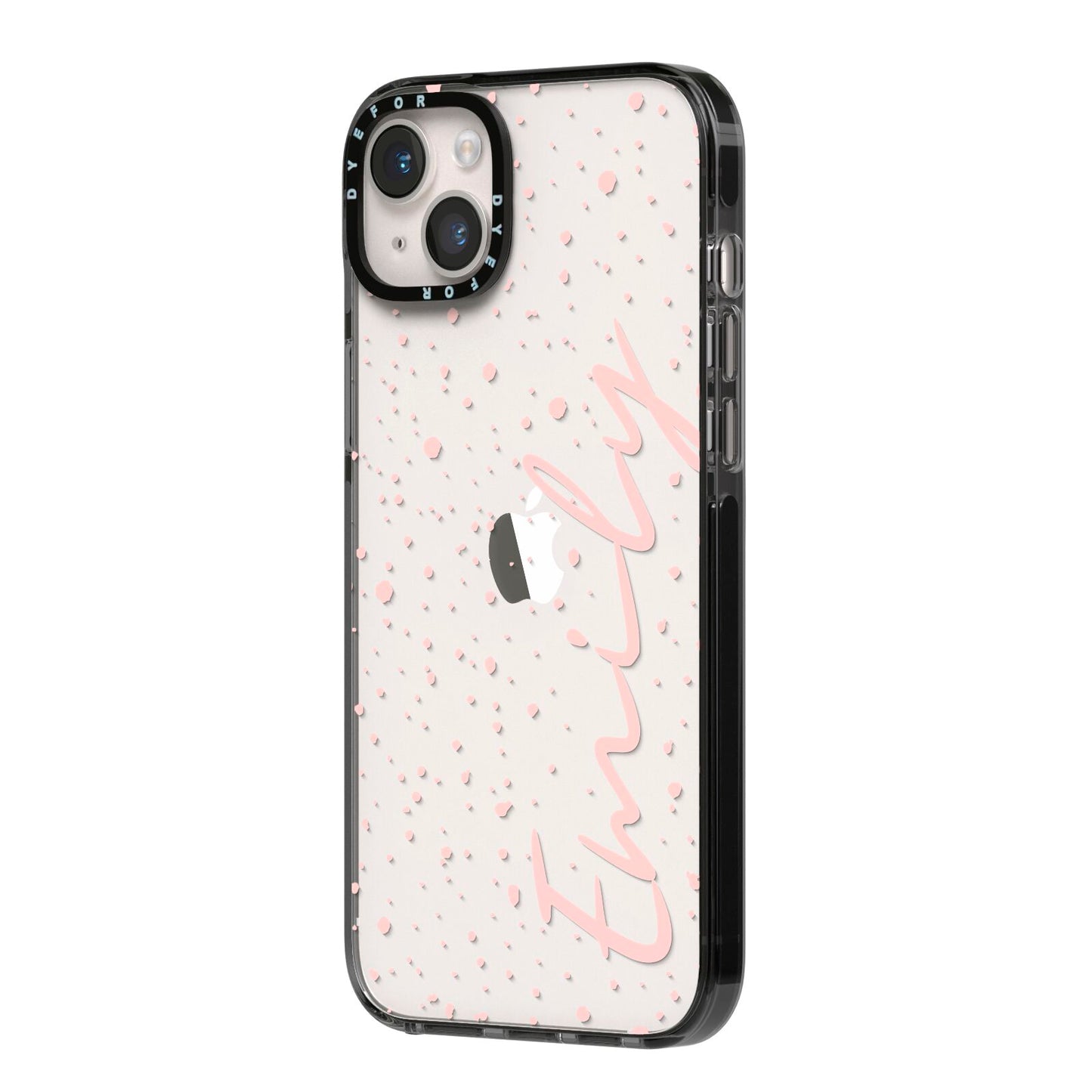 Custom Polka Dot iPhone 14 Plus Black Impact Case Side Angle on Silver phone