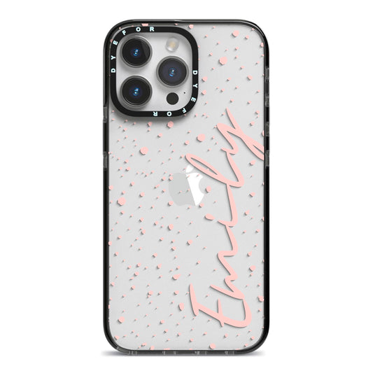 Custom Polka Dot iPhone 14 Pro Max Black Impact Case on Silver phone