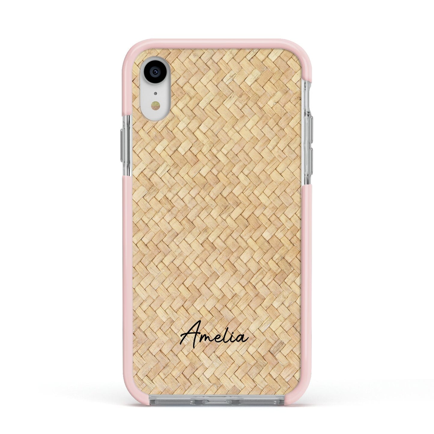 Custom Rattan Pattern Apple iPhone XR Impact Case Pink Edge on Silver Phone