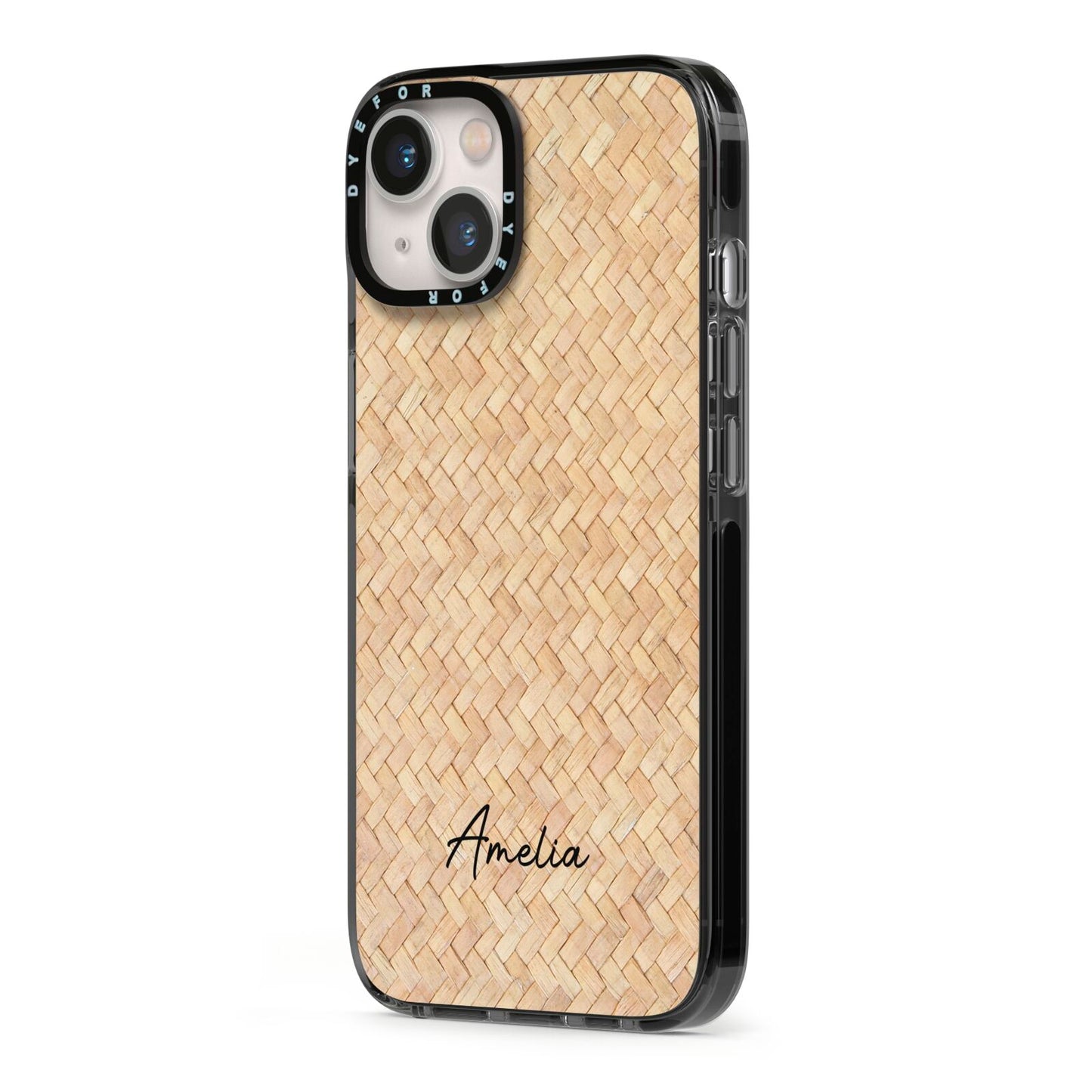 Custom Rattan Pattern iPhone 13 Black Impact Case Side Angle on Silver phone