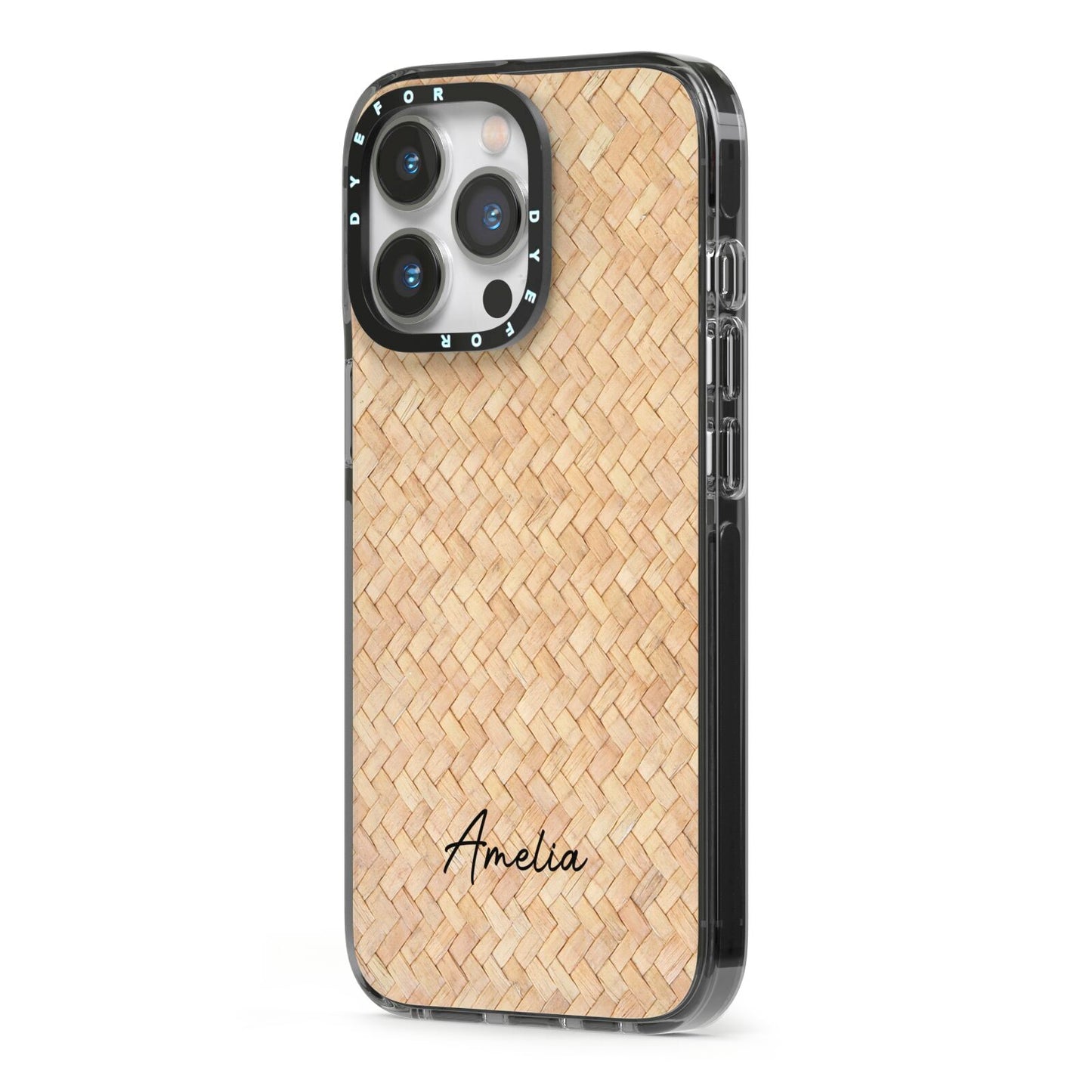 Custom Rattan Pattern iPhone 13 Pro Black Impact Case Side Angle on Silver phone