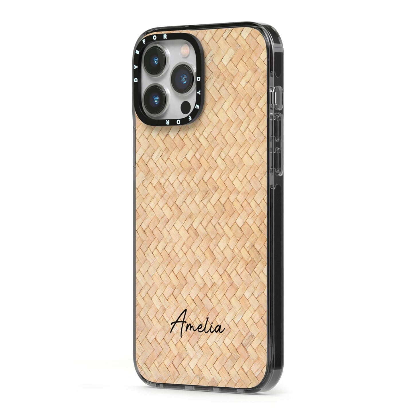 Custom Rattan Pattern iPhone 13 Pro Max Black Impact Case Side Angle on Silver phone