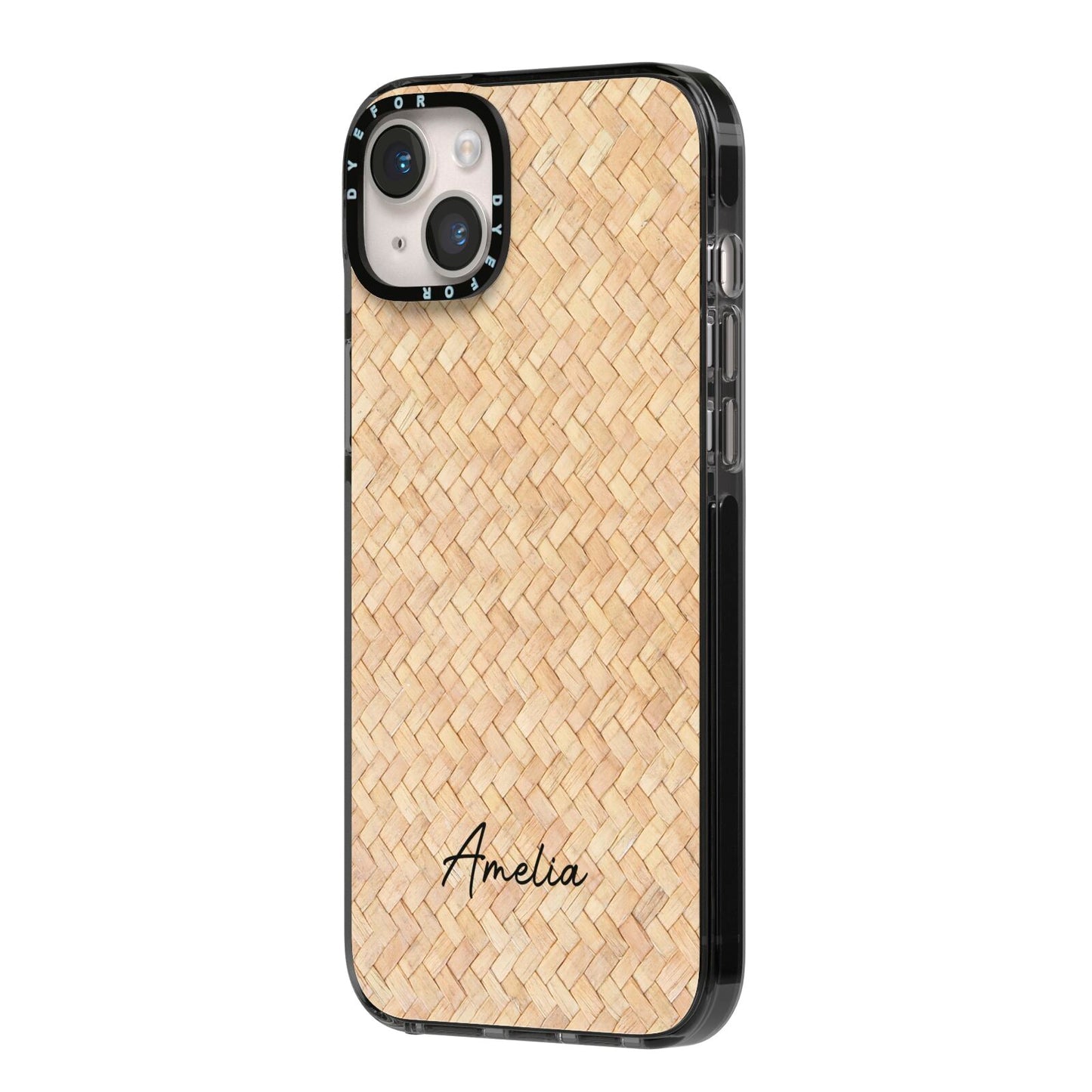 Custom Rattan Pattern iPhone 14 Plus Black Impact Case Side Angle on Silver phone