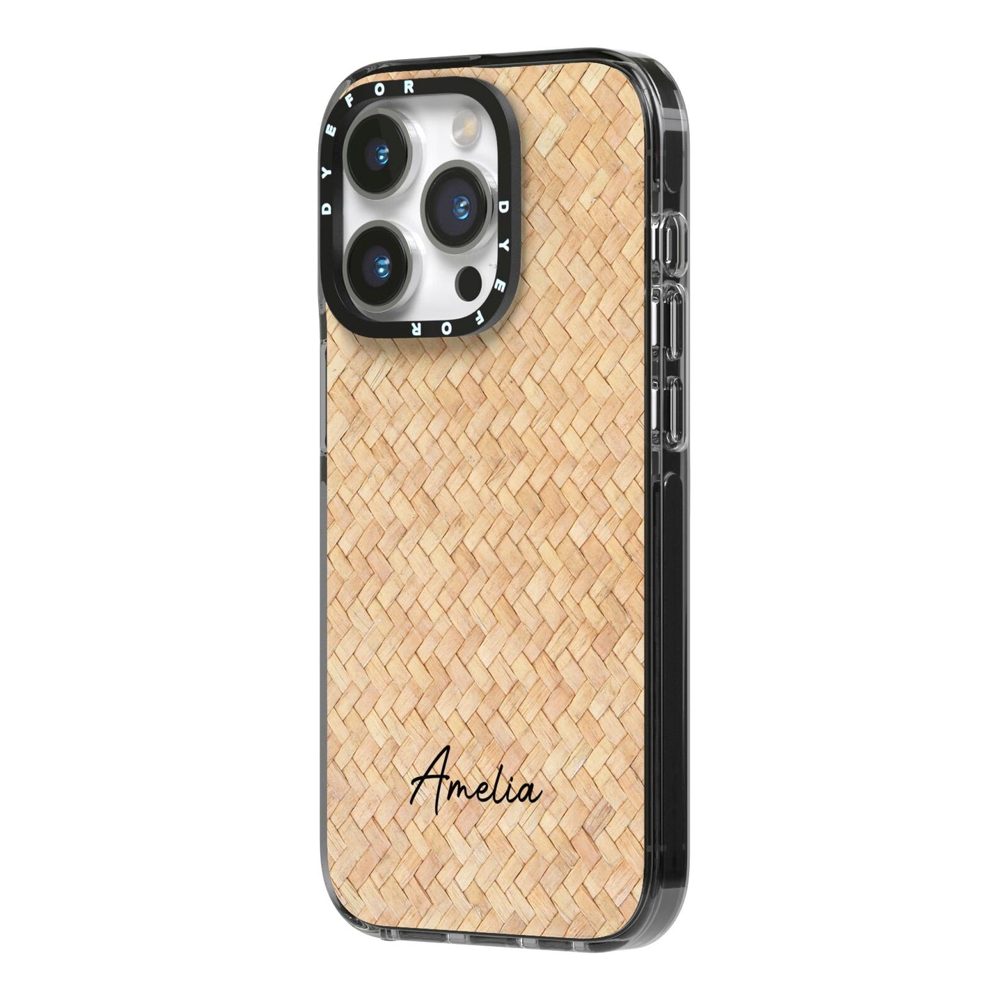 Custom Rattan Pattern iPhone 14 Pro Black Impact Case Side Angle on Silver phone