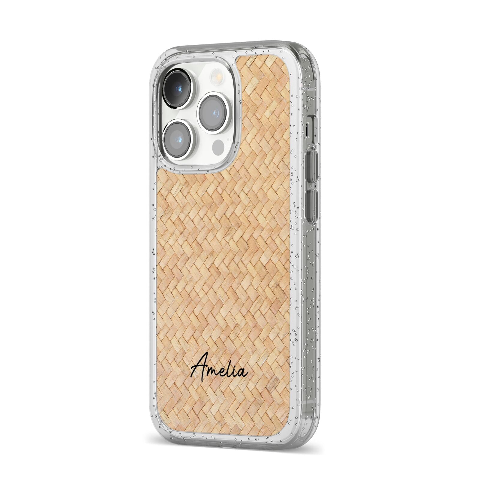 Custom Rattan Pattern iPhone 14 Pro Glitter Tough Case Silver Angled Image