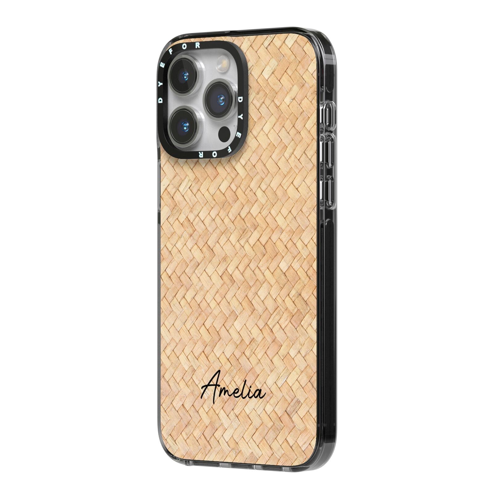 Custom Rattan Pattern iPhone 14 Pro Max Black Impact Case Side Angle on Silver phone