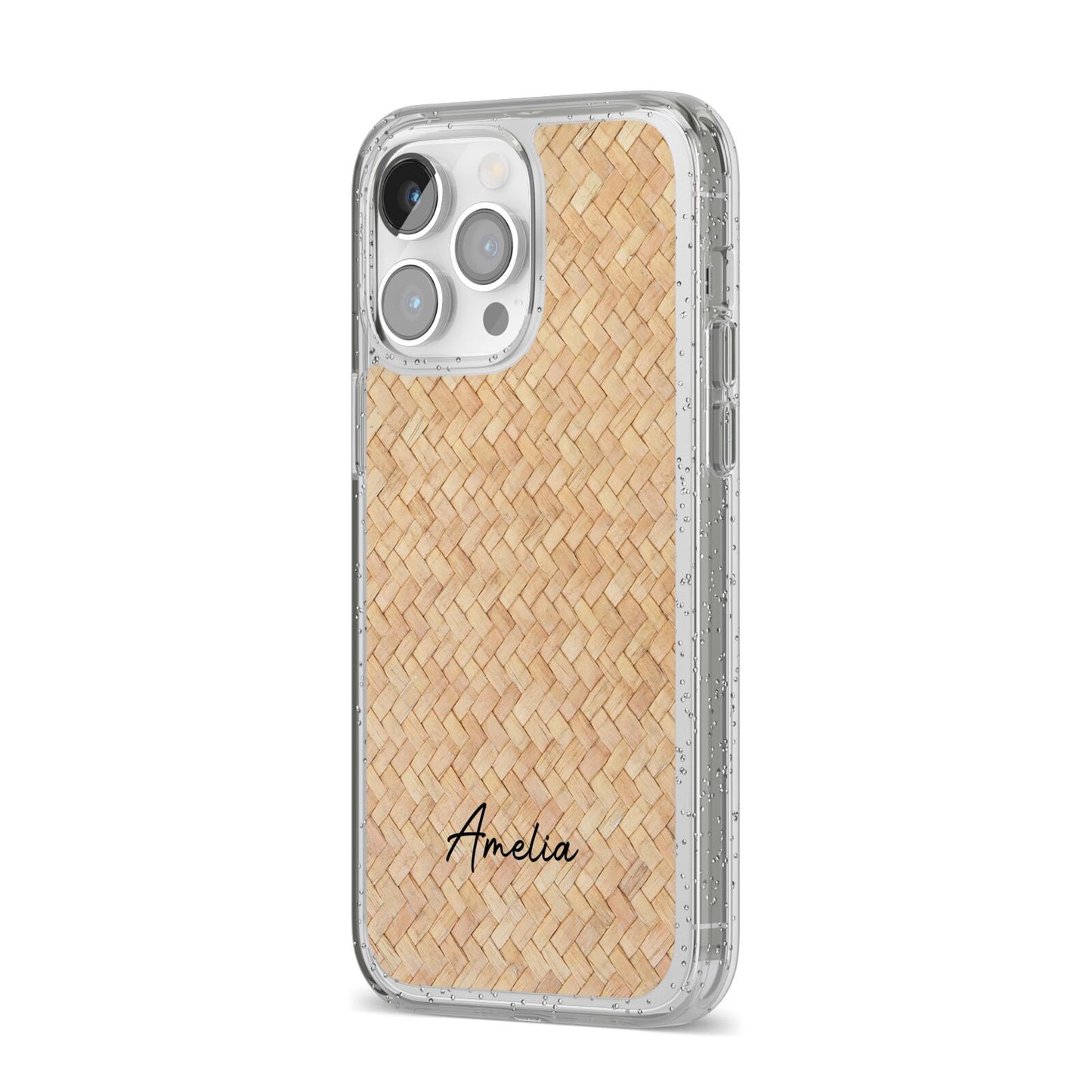 Custom Rattan Pattern iPhone 14 Pro Max Glitter Tough Case Silver Angled Image