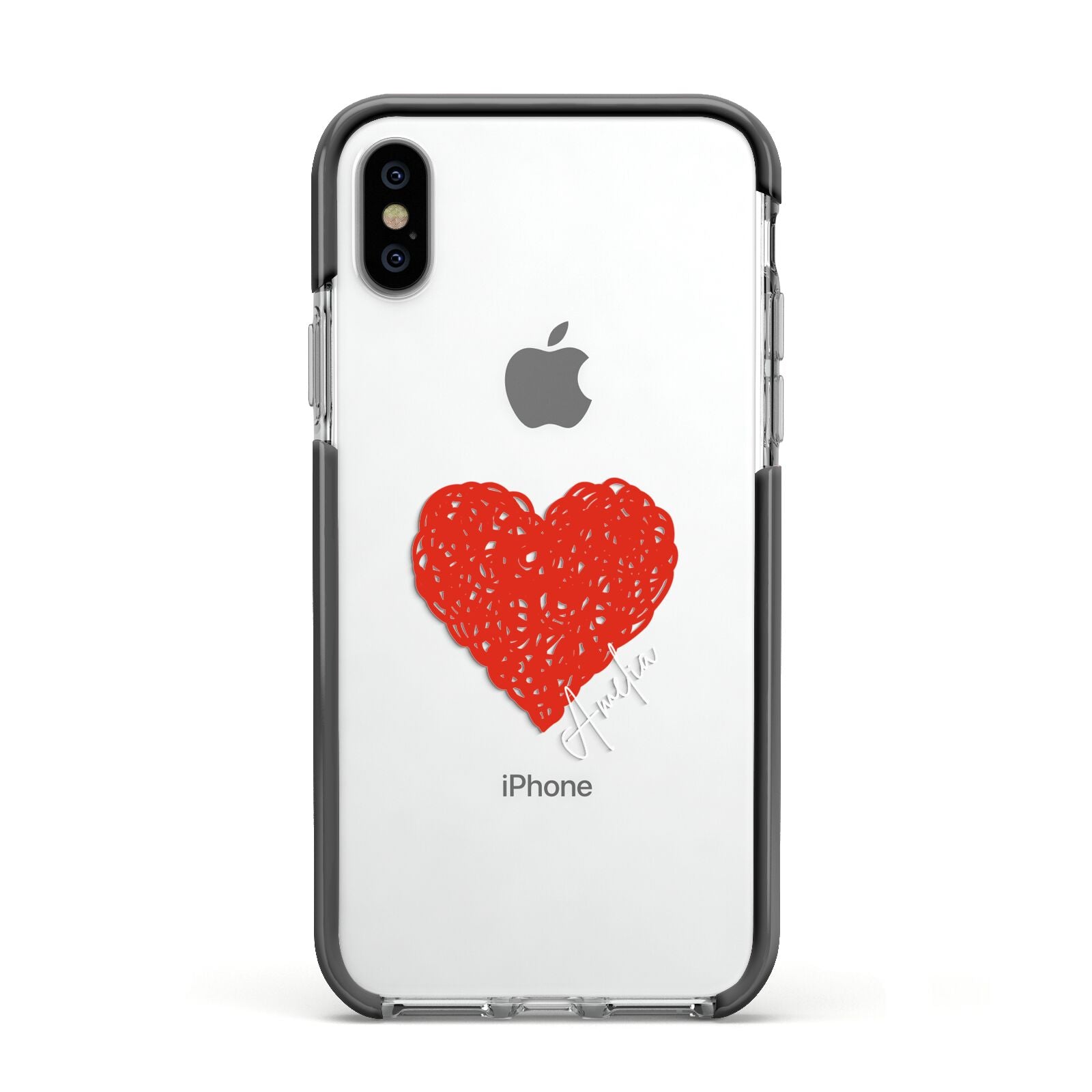 Custom Red Heart Apple iPhone Xs Impact Case Black Edge on Silver Phone