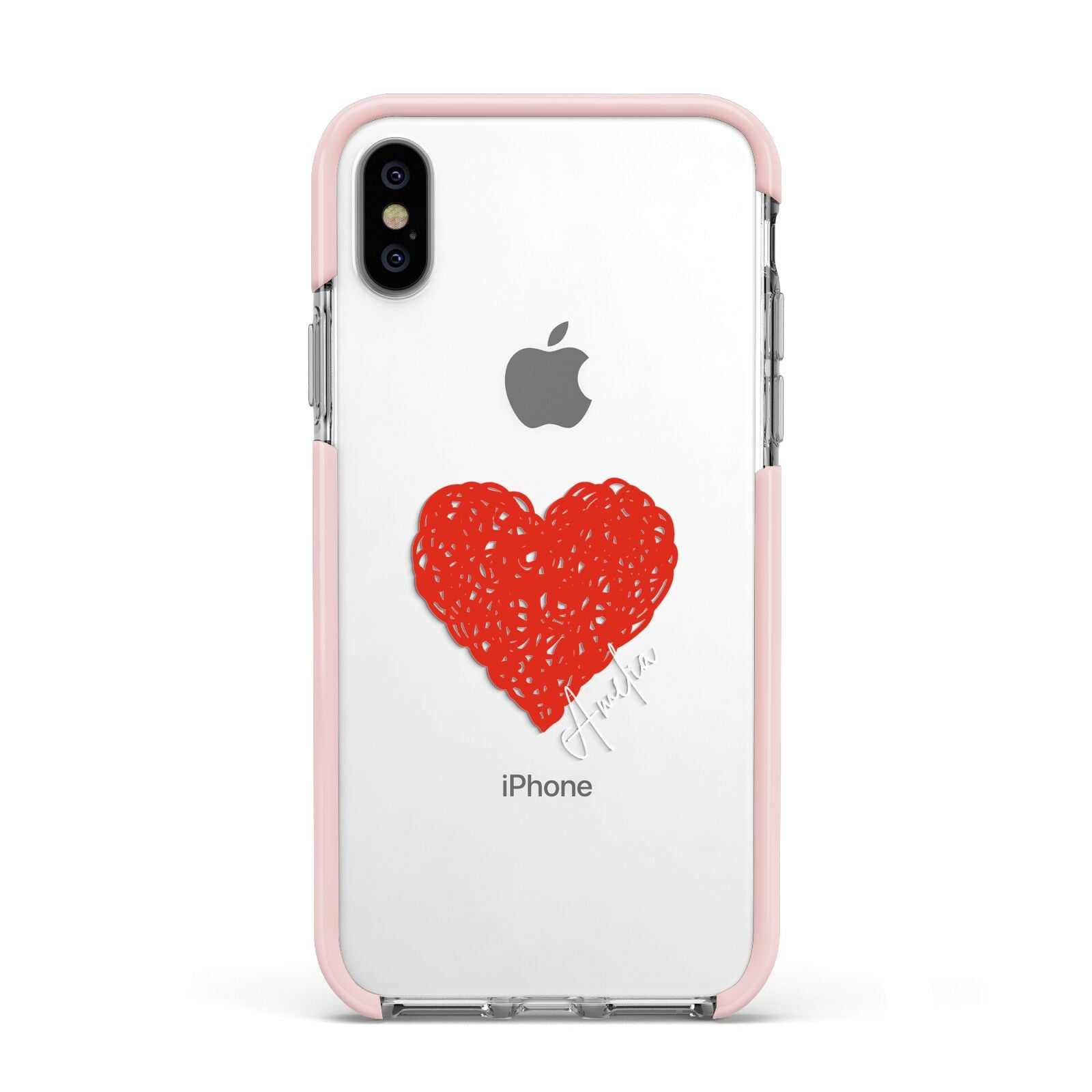 Custom Red Heart Apple iPhone Xs Impact Case Pink Edge on Silver Phone