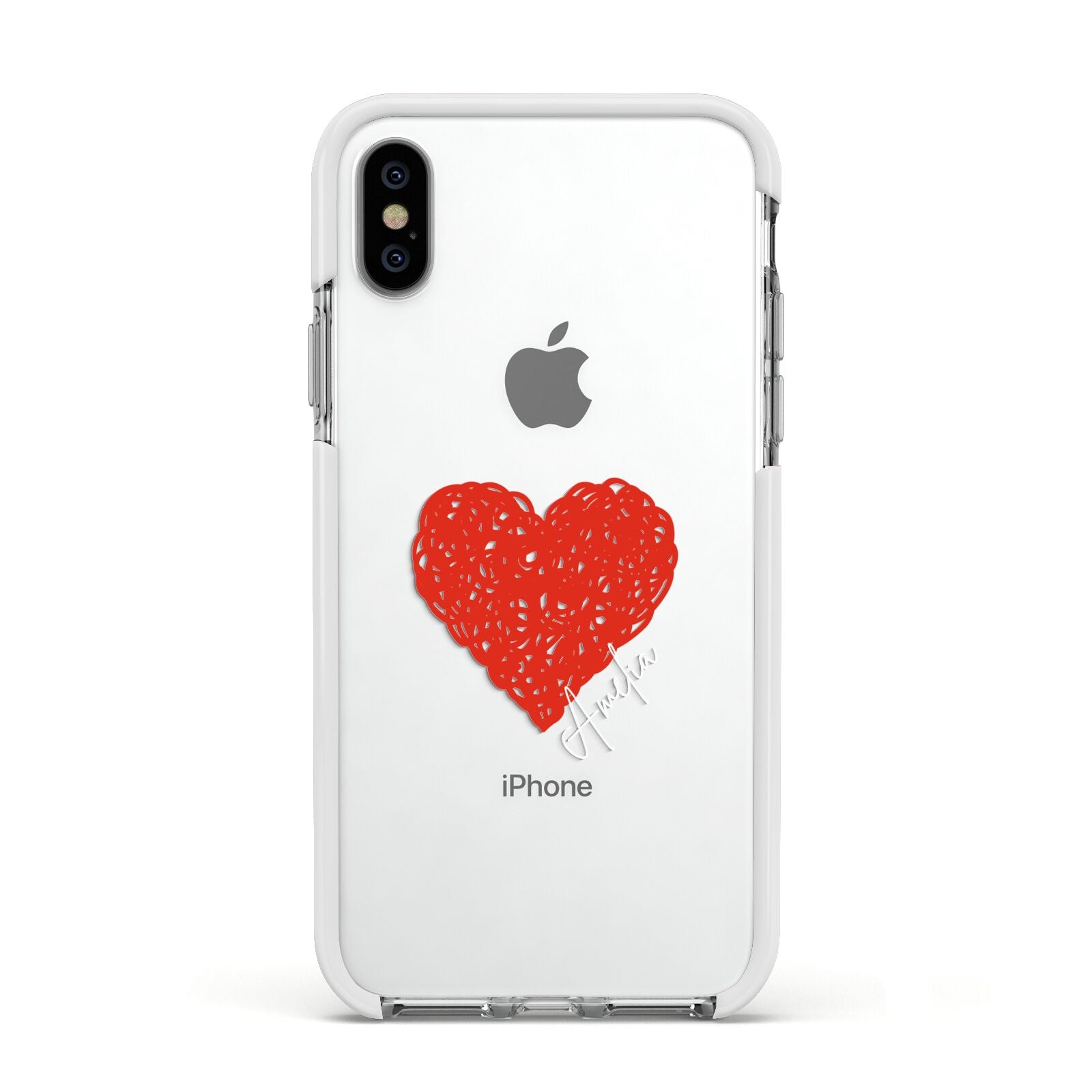 Custom Red Heart Apple iPhone Xs Impact Case White Edge on Silver Phone